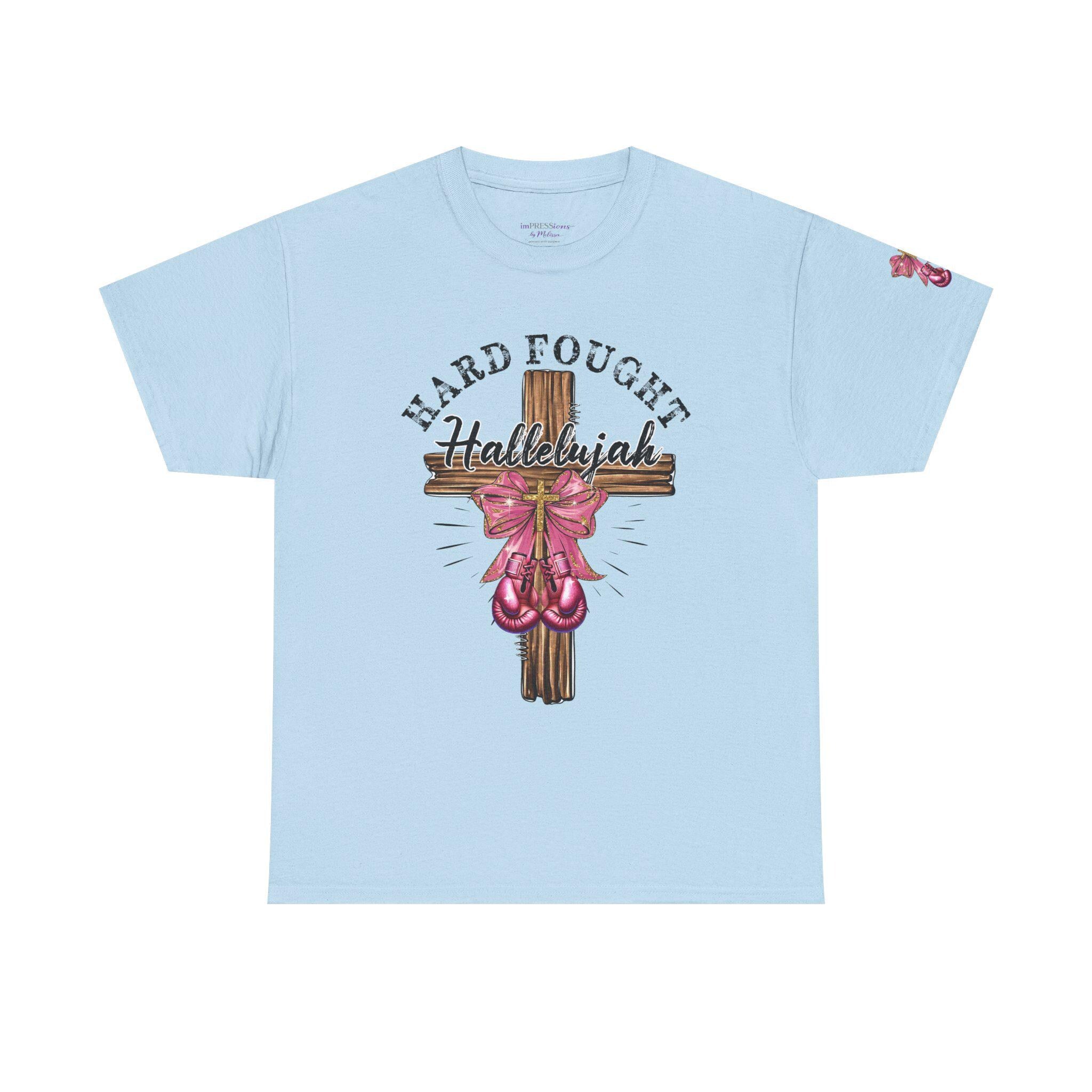 Hard-Fought Hallelujah T-Shirt | Cross with Pink Ribbon, Faith Christian Tee