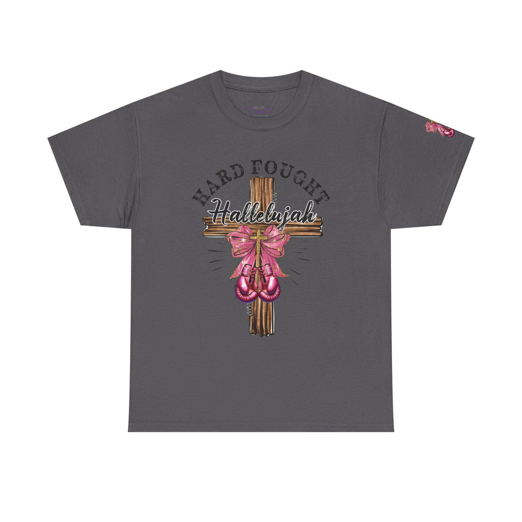 Hard-Fought Hallelujah T-Shirt | Cross with Pink Ribbon, Faith Christian Tee