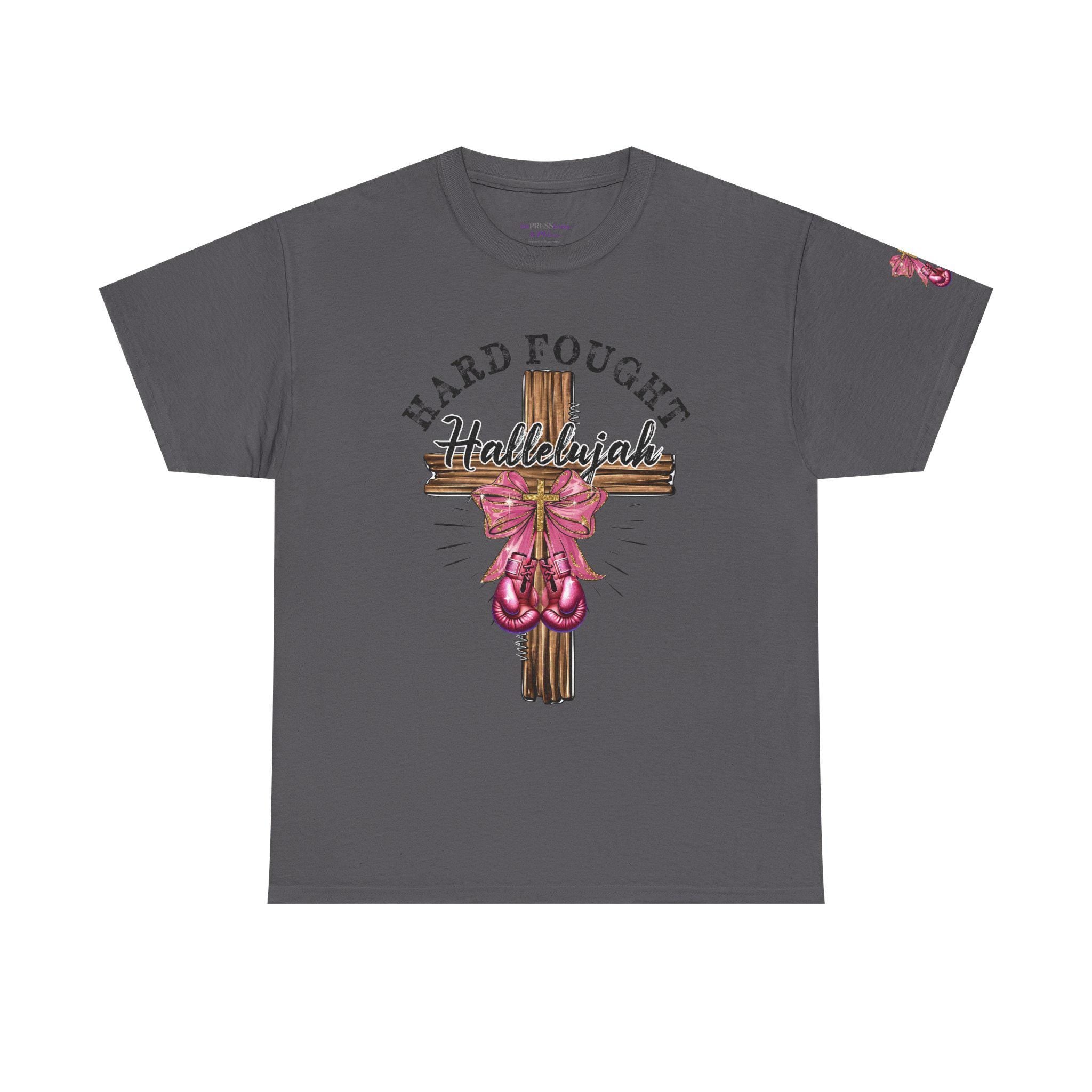 Hard-Fought Hallelujah T-Shirt | Cross with Pink Ribbon, Faith Christian Tee
