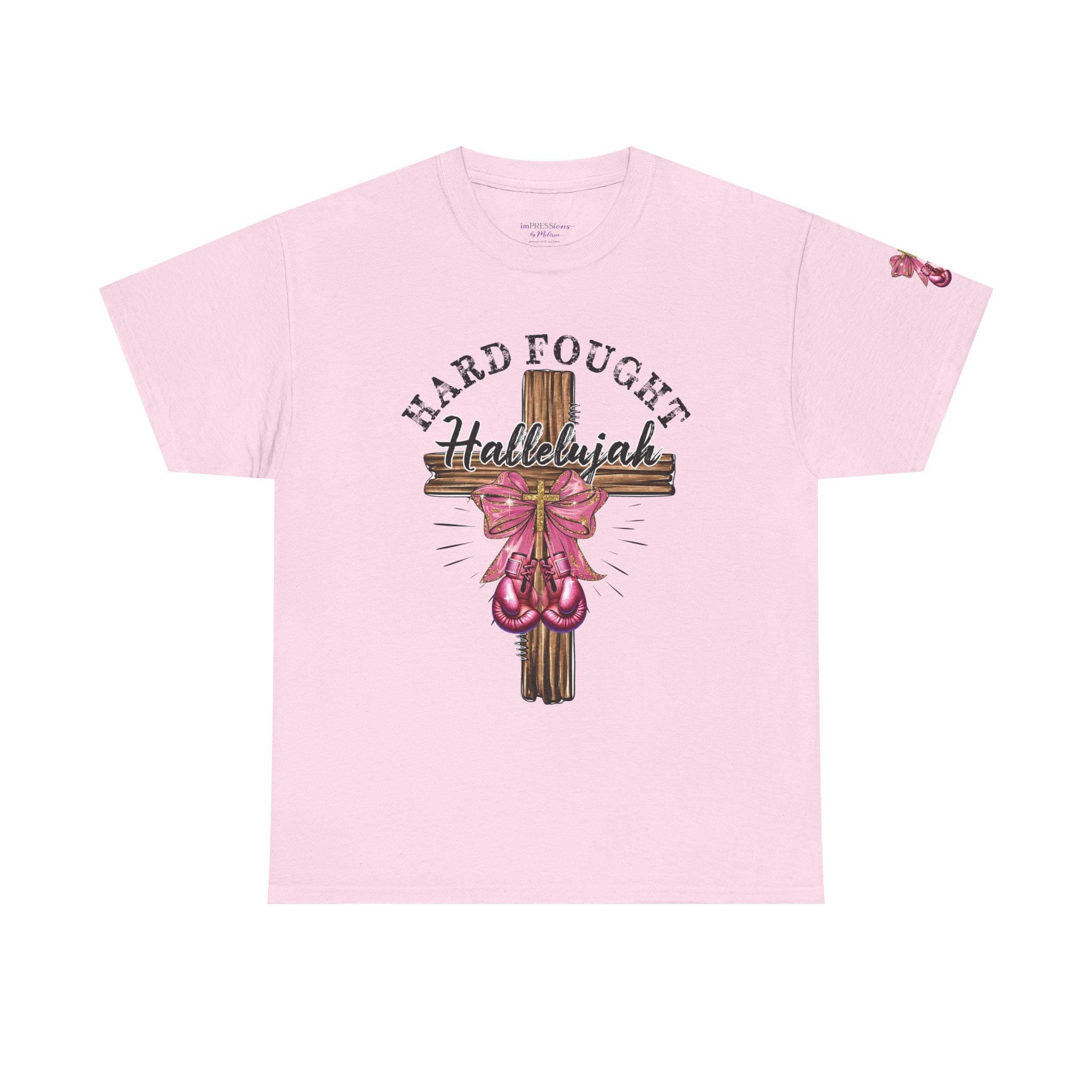 Hard-Fought Hallelujah T-Shirt | Cross with Pink Ribbon, Faith Christian Tee