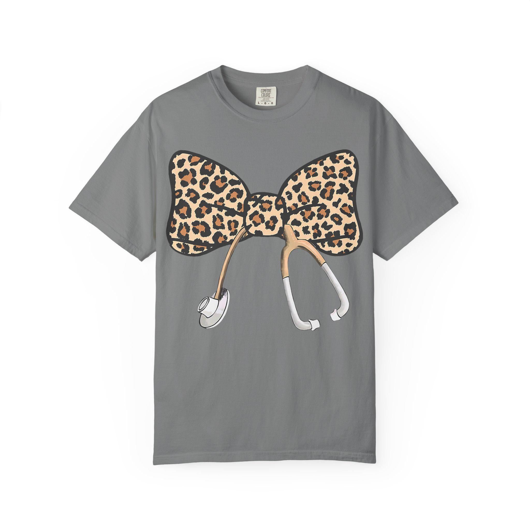 Leopard Print Bow Stethoscope T-Shirt | Nurse Doctor Medical Tee