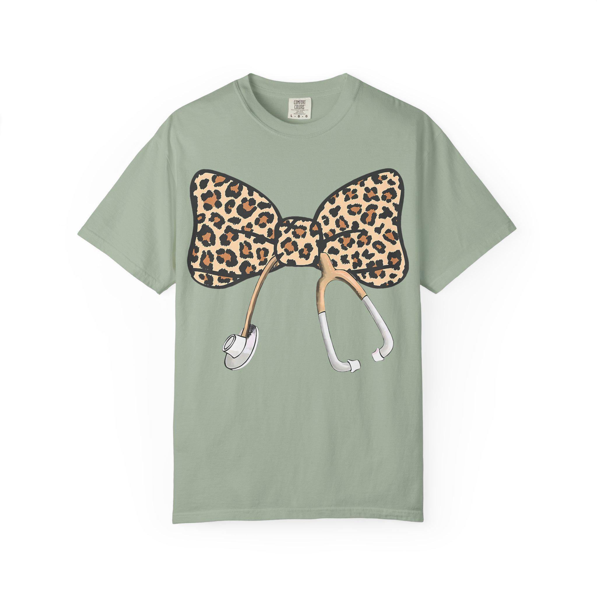 Leopard Print Bow Stethoscope T-Shirt | Nurse Doctor Medical Tee