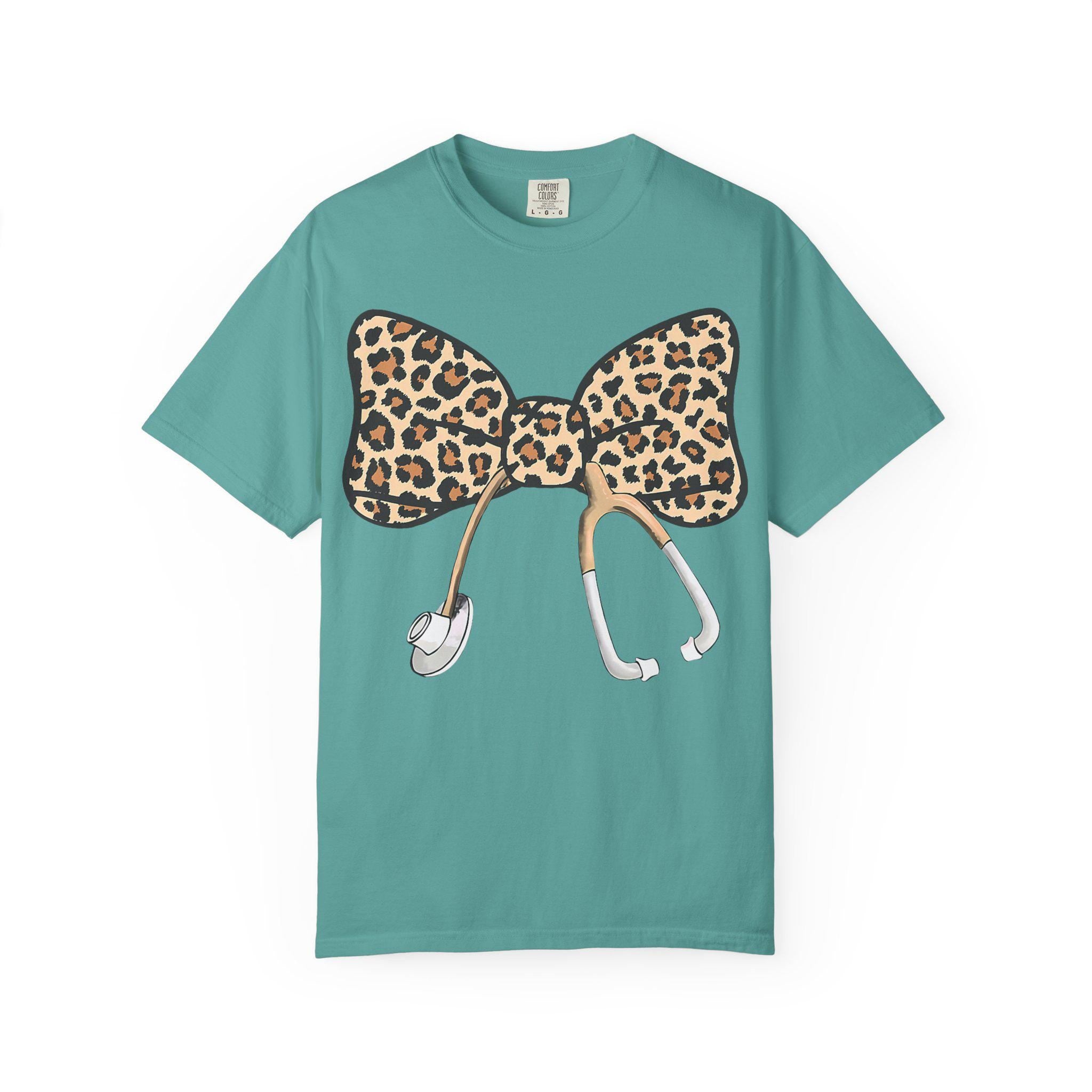 Leopard Print Bow Stethoscope T-Shirt | Nurse Doctor Medical Tee