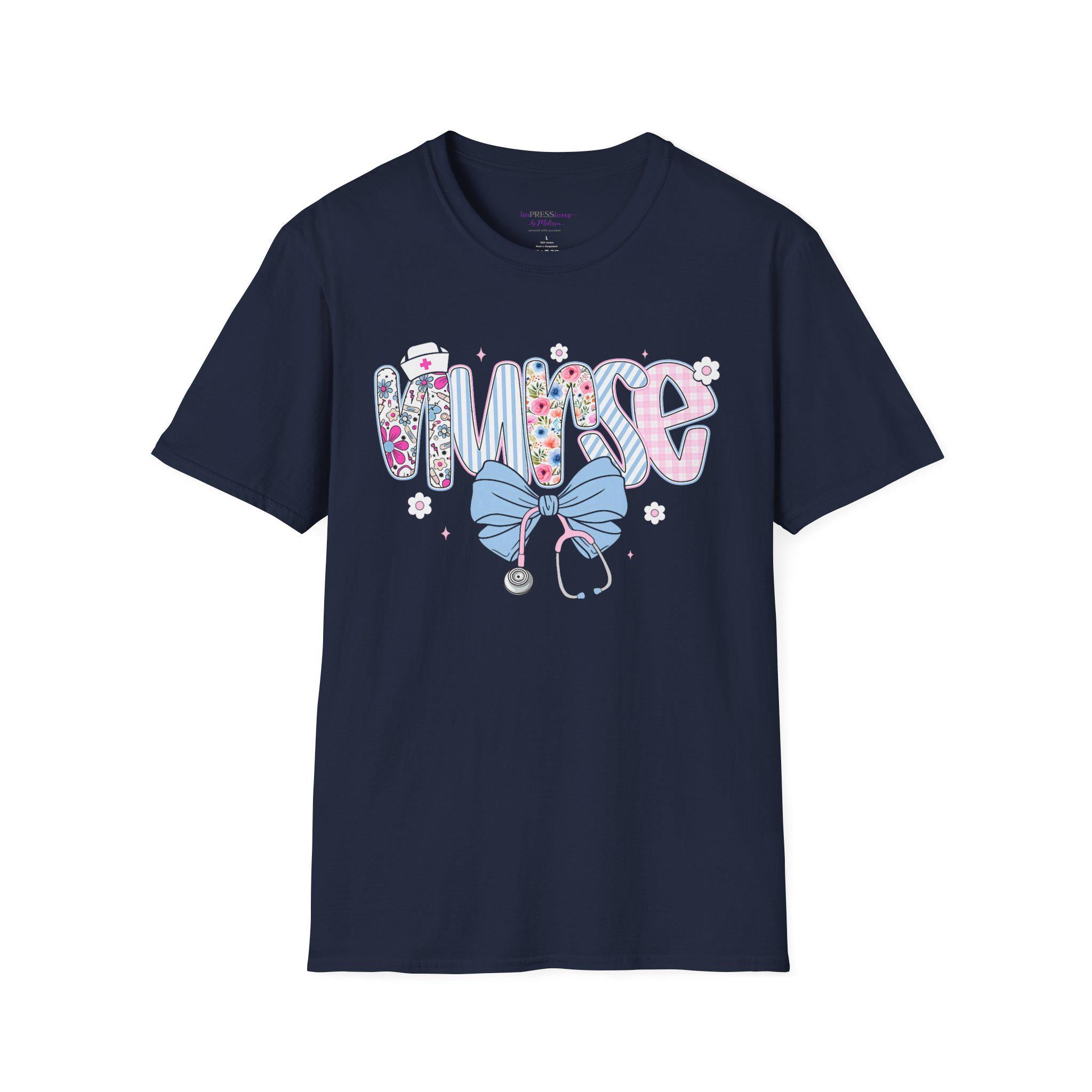 Floral Nurse T-Shirt | Stethoscope Bow Graphic