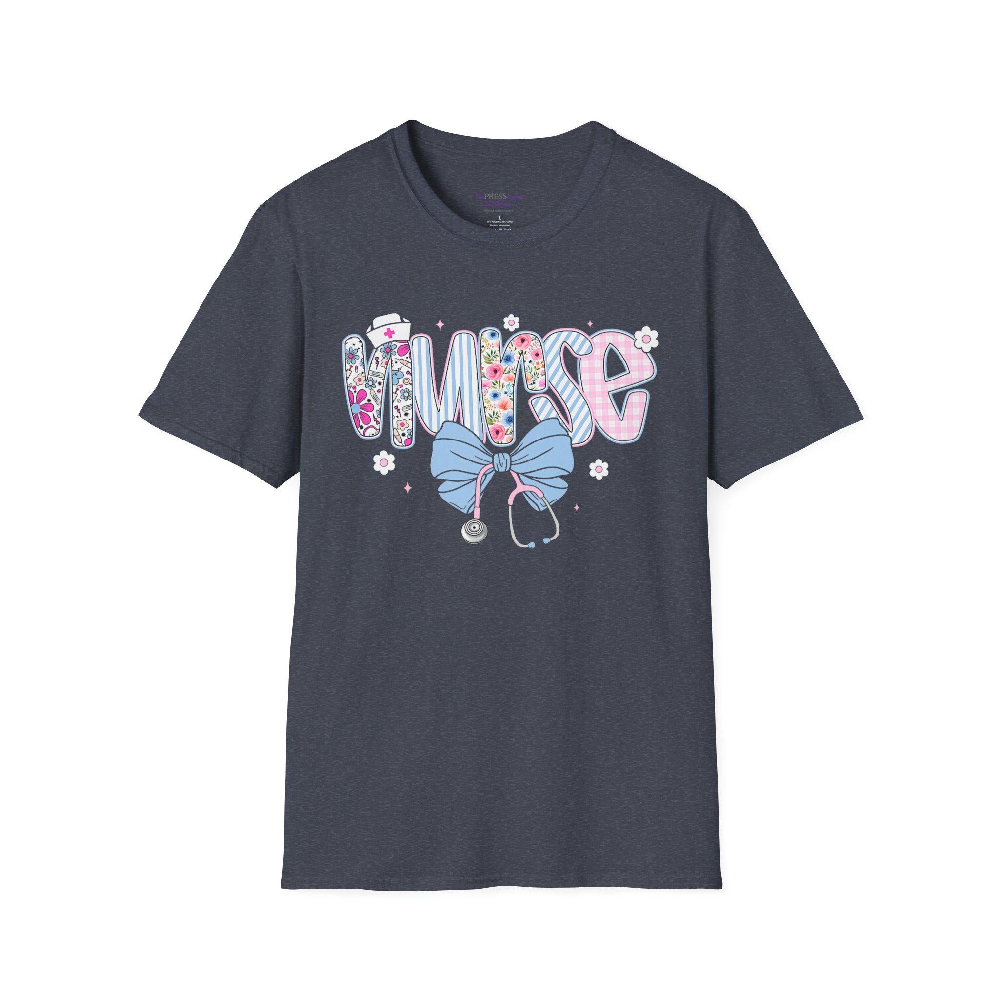 Floral Nurse T-Shirt | Stethoscope Bow Graphic