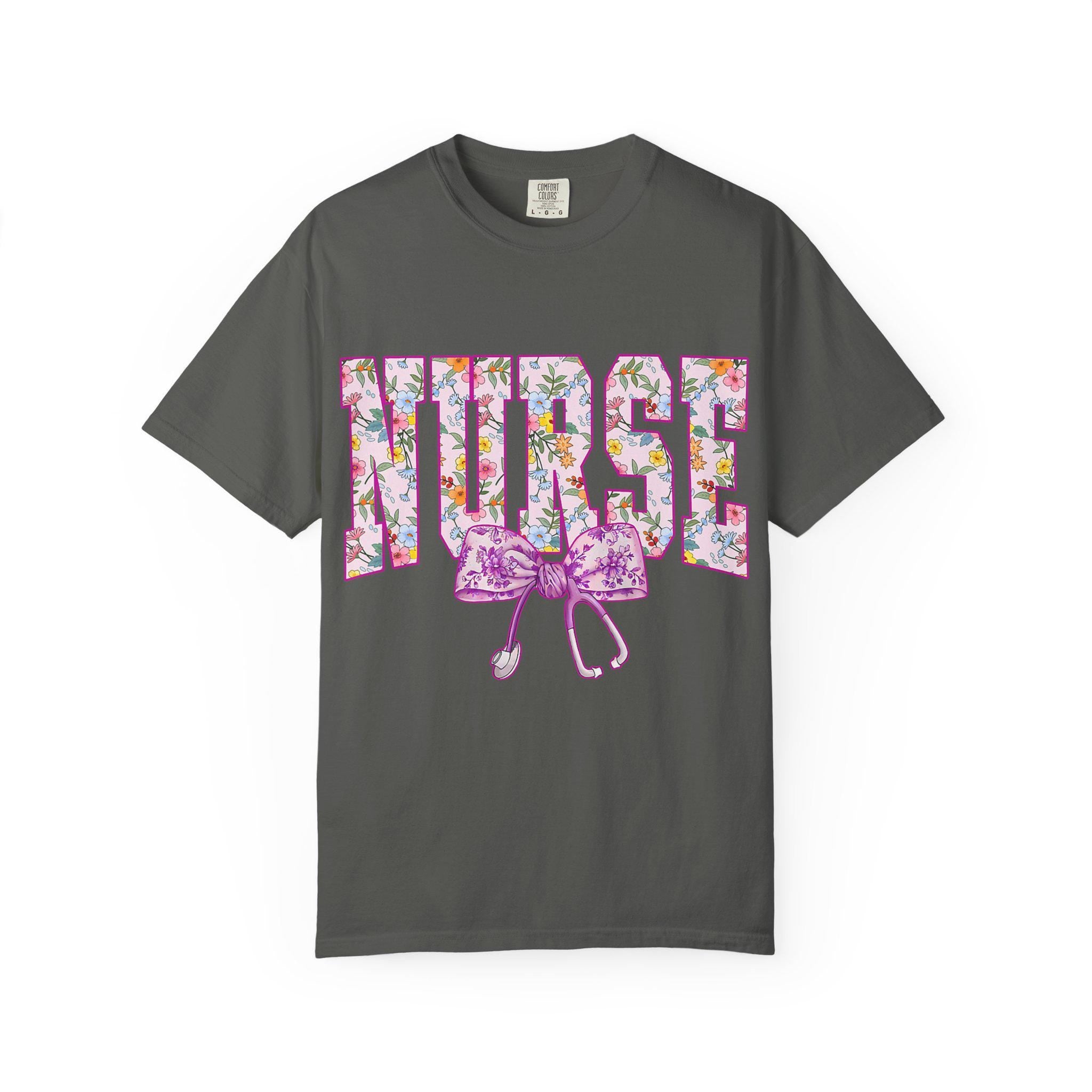 Floral Nurse Letters T-shirt | Pink Stethoscope Medical Tee