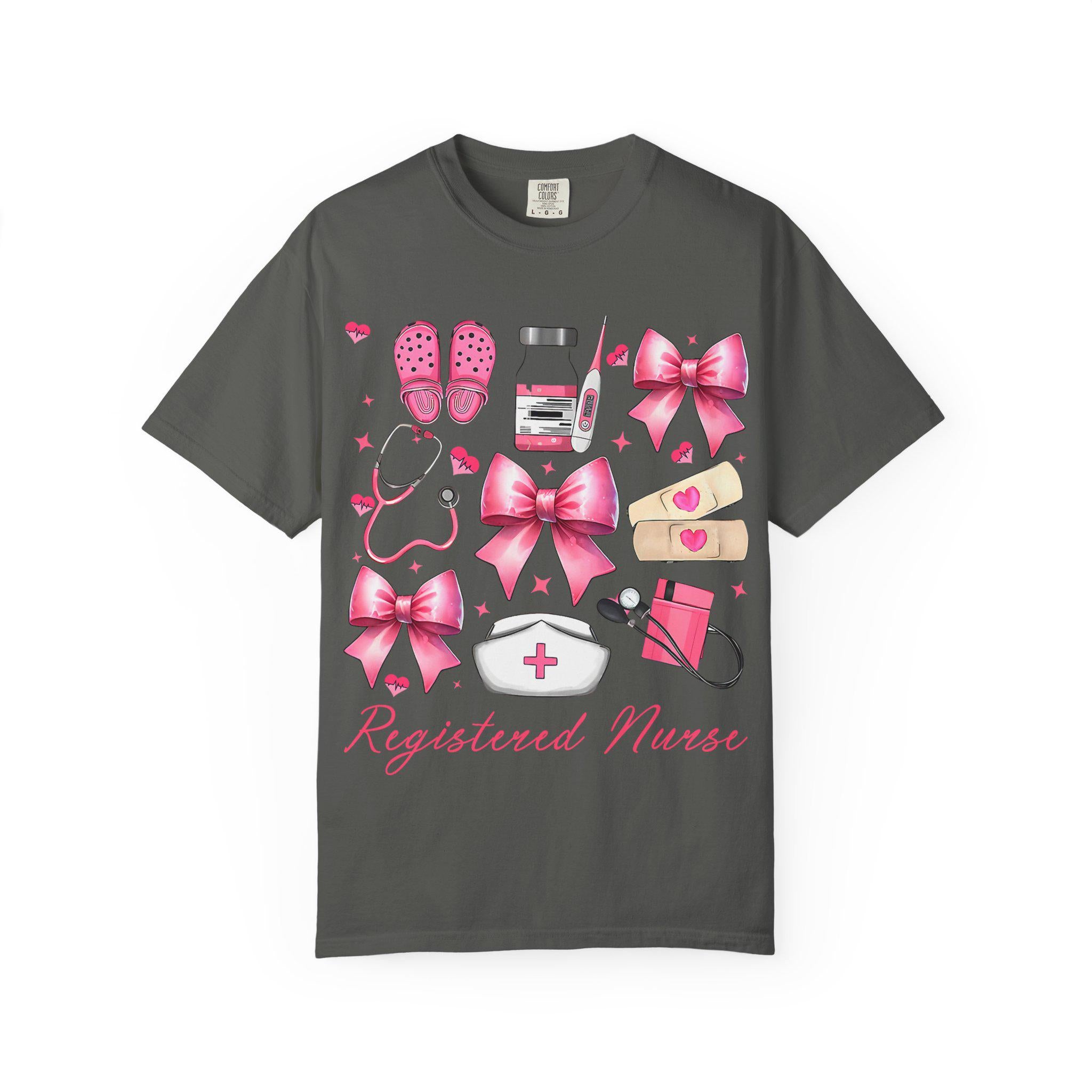 Registered Nurse Illustration T-shirt | Pink Medical Icons, Stethoscope, Bandages, Nurse Cap