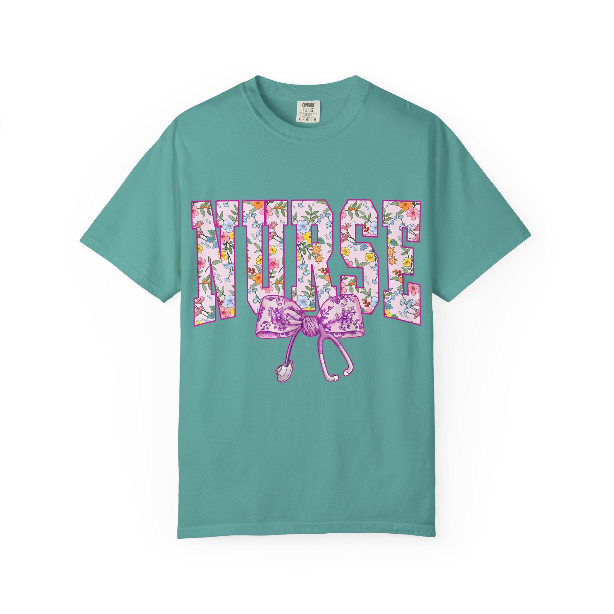 Floral Nurse Letters T-shirt | Pink Stethoscope Medical Tee