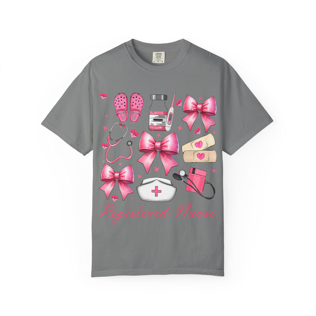 Registered Nurse Illustration T-shirt | Pink Medical Icons, Stethoscope, Bandages, Nurse Cap