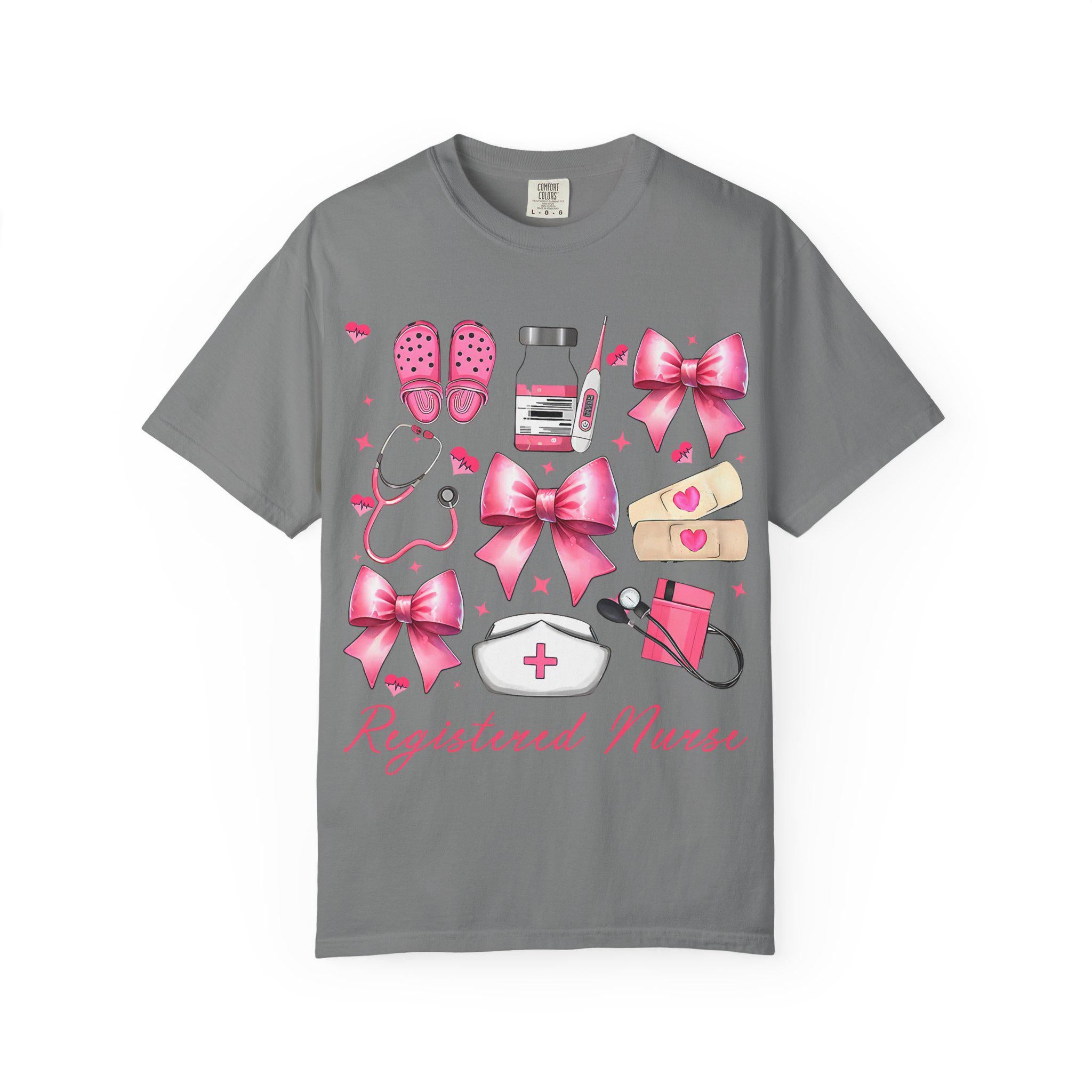 Registered Nurse Illustration T-shirt | Pink Medical Icons, Stethoscope, Bandages, Nurse Cap