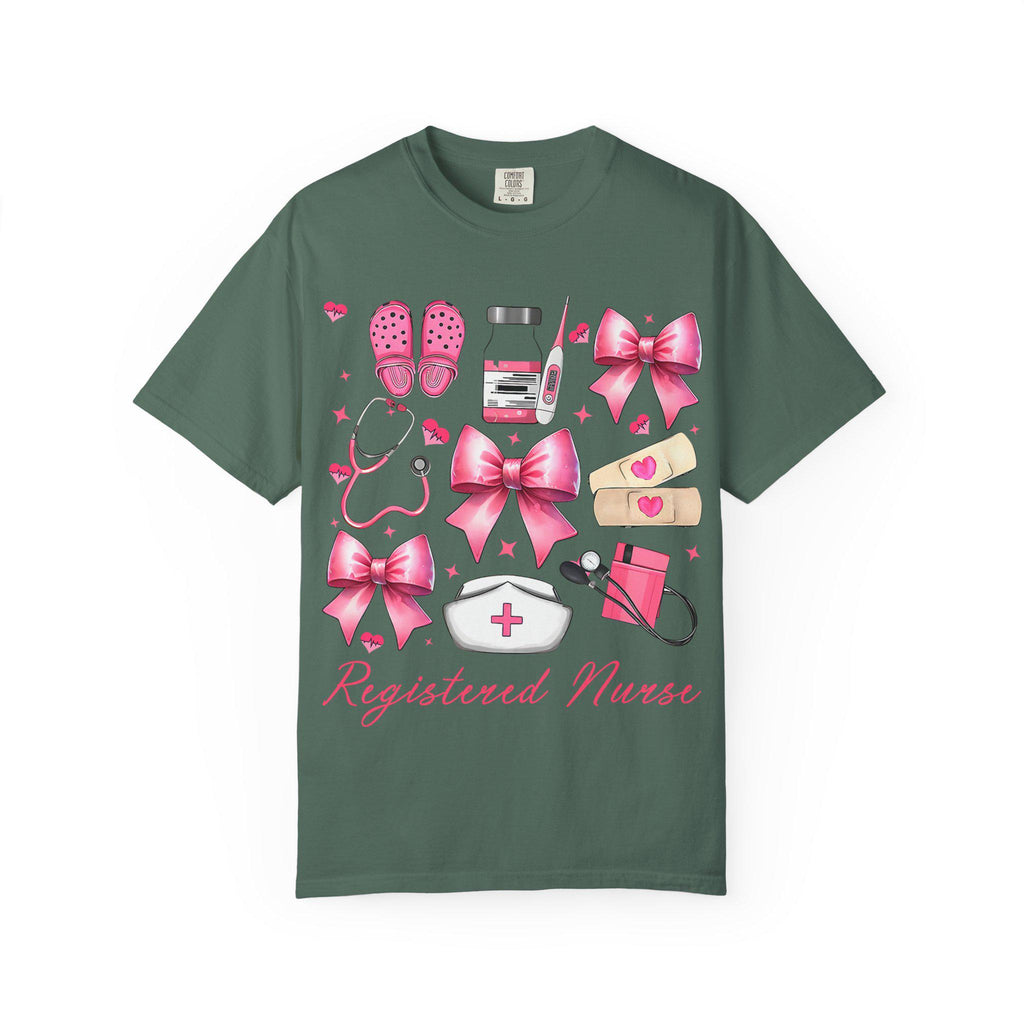 Registered Nurse Illustration T-shirt | Pink Medical Icons, Stethoscope, Bandages, Nurse Cap