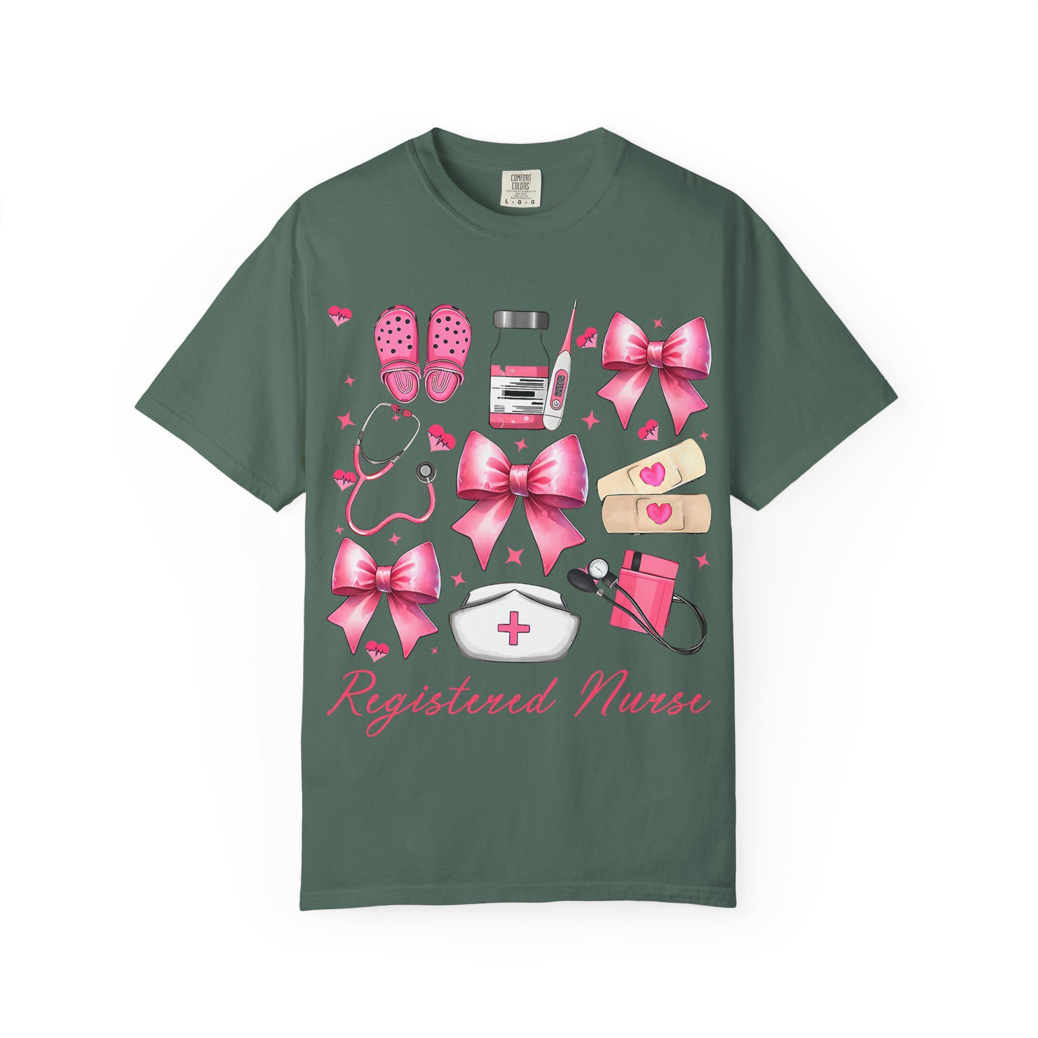 Registered Nurse Illustration T-shirt | Pink Medical Icons, Stethoscope, Bandages, Nurse Cap