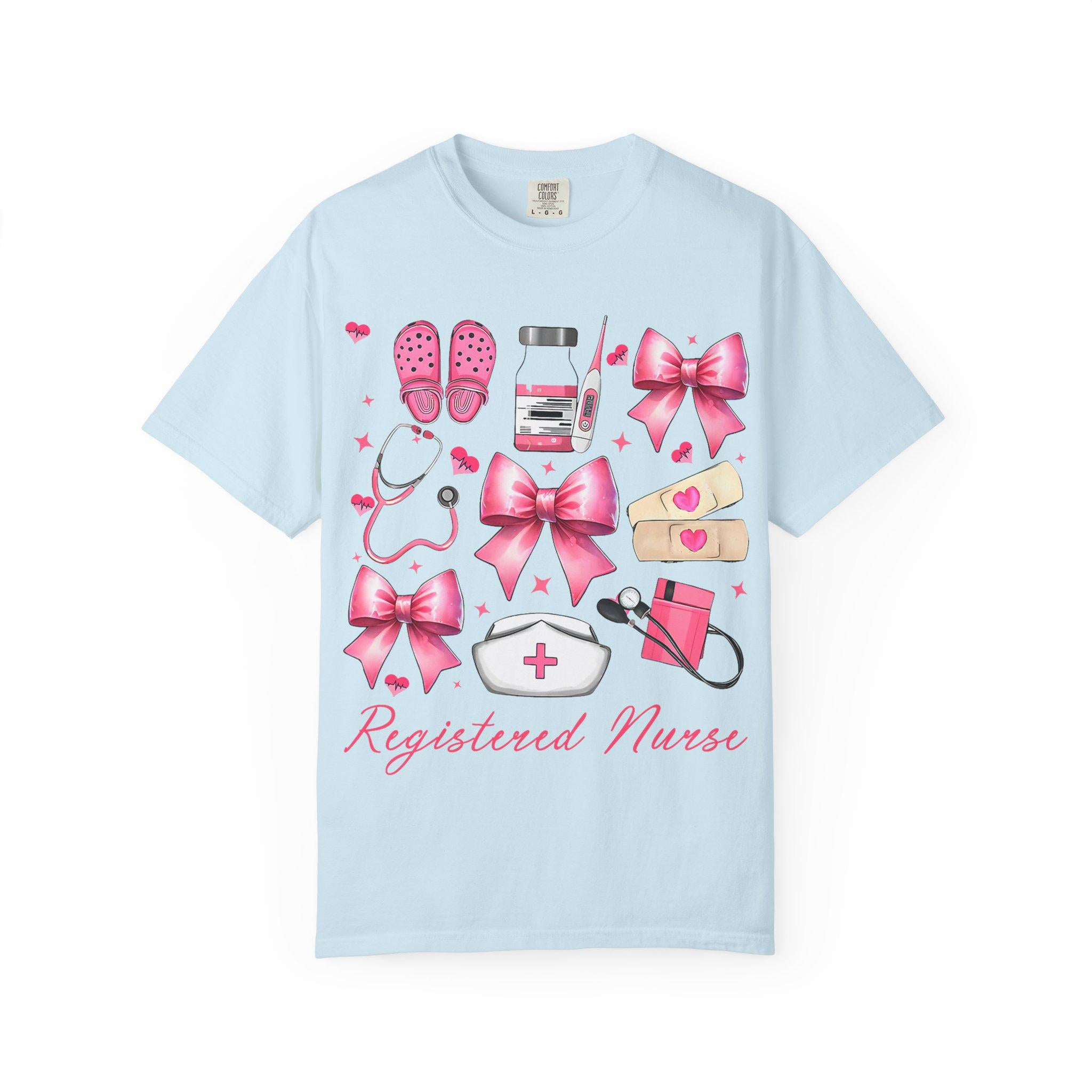 Registered Nurse Illustration T-shirt | Pink Medical Icons, Stethoscope, Bandages, Nurse Cap