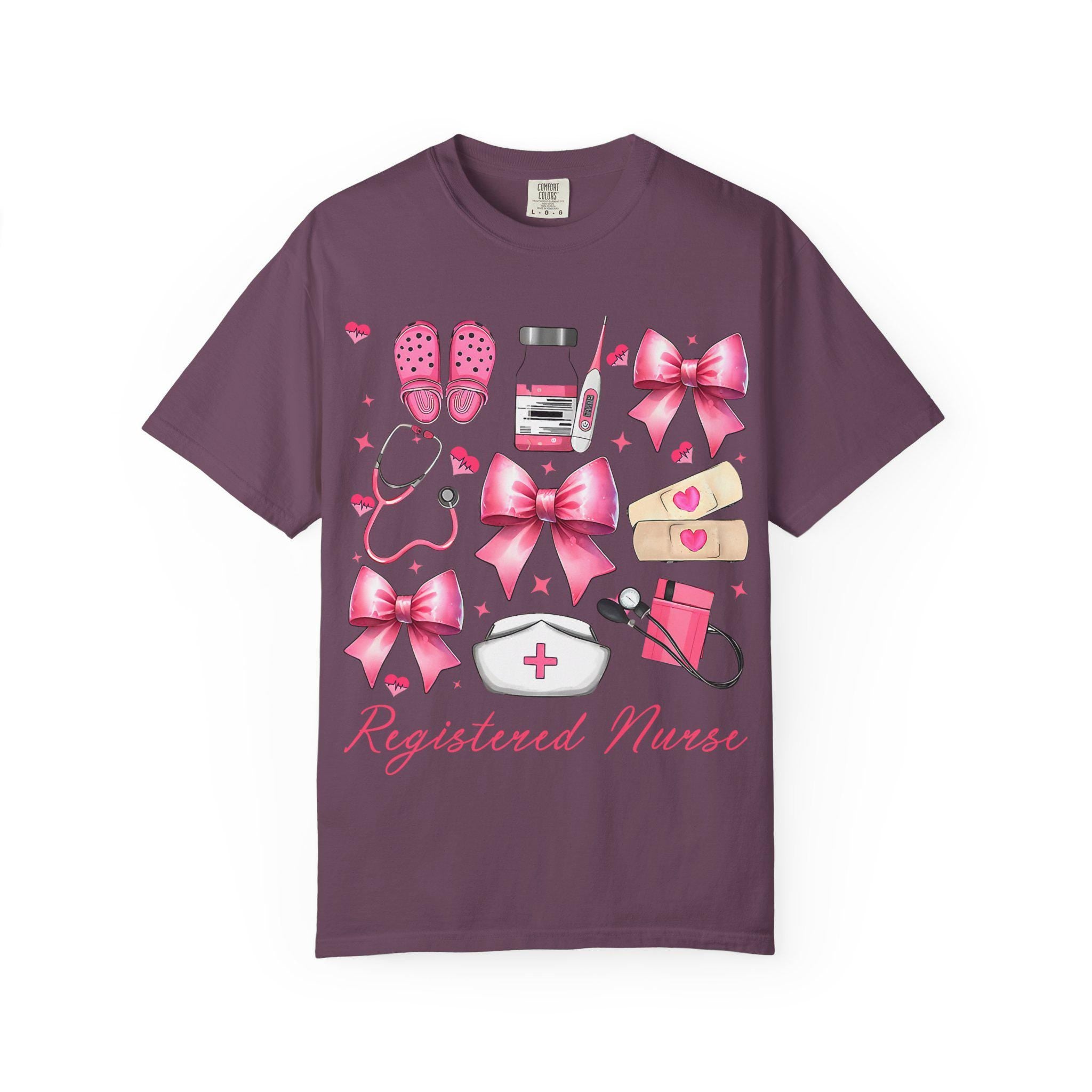 Registered Nurse Illustration T-shirt | Pink Medical Icons, Stethoscope, Bandages, Nurse Cap