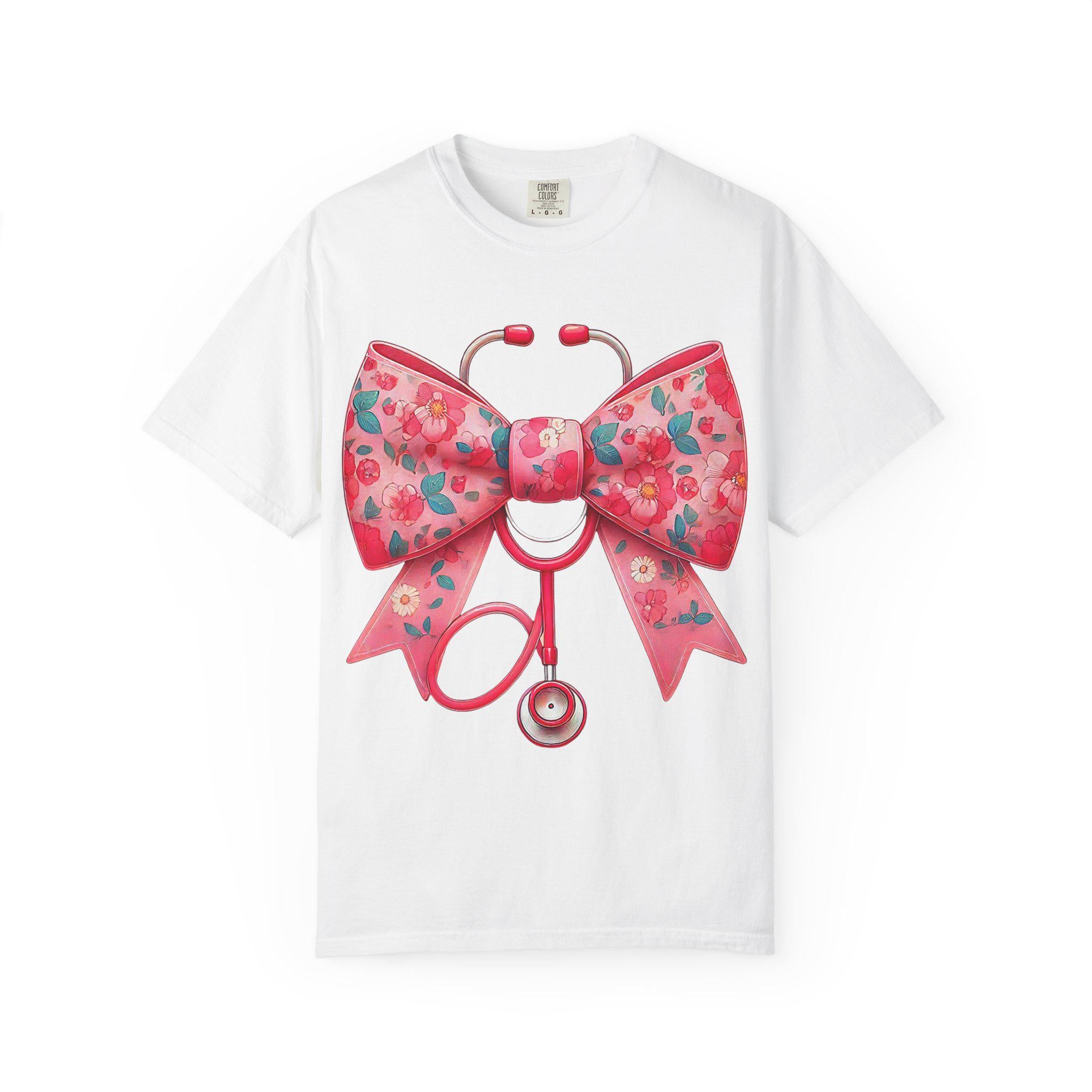 Floral Bow Stethoscope T-Shirt | Nurse Medical Scrub Style