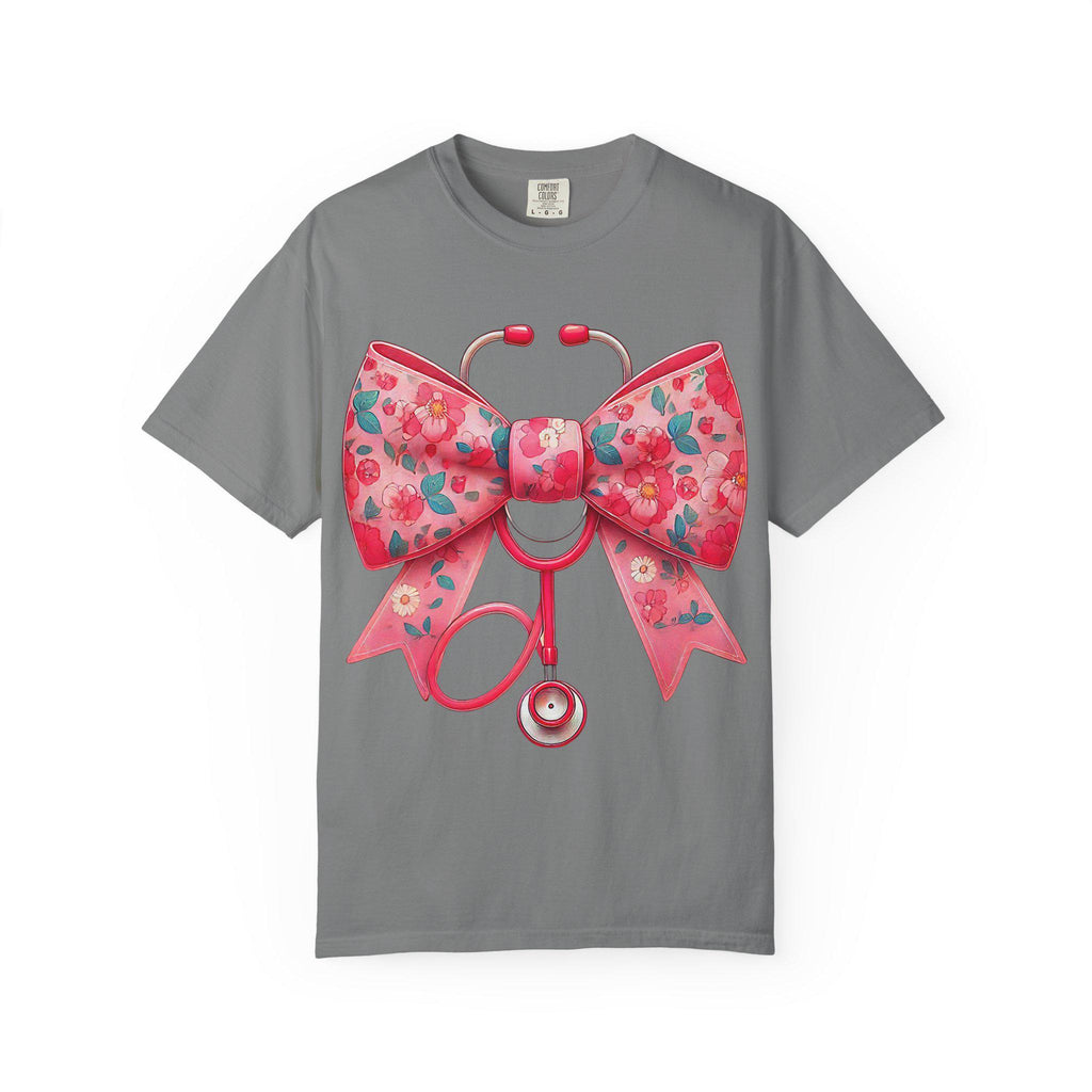 Floral Bow Stethoscope T-Shirt | Nurse Medical Scrub Style