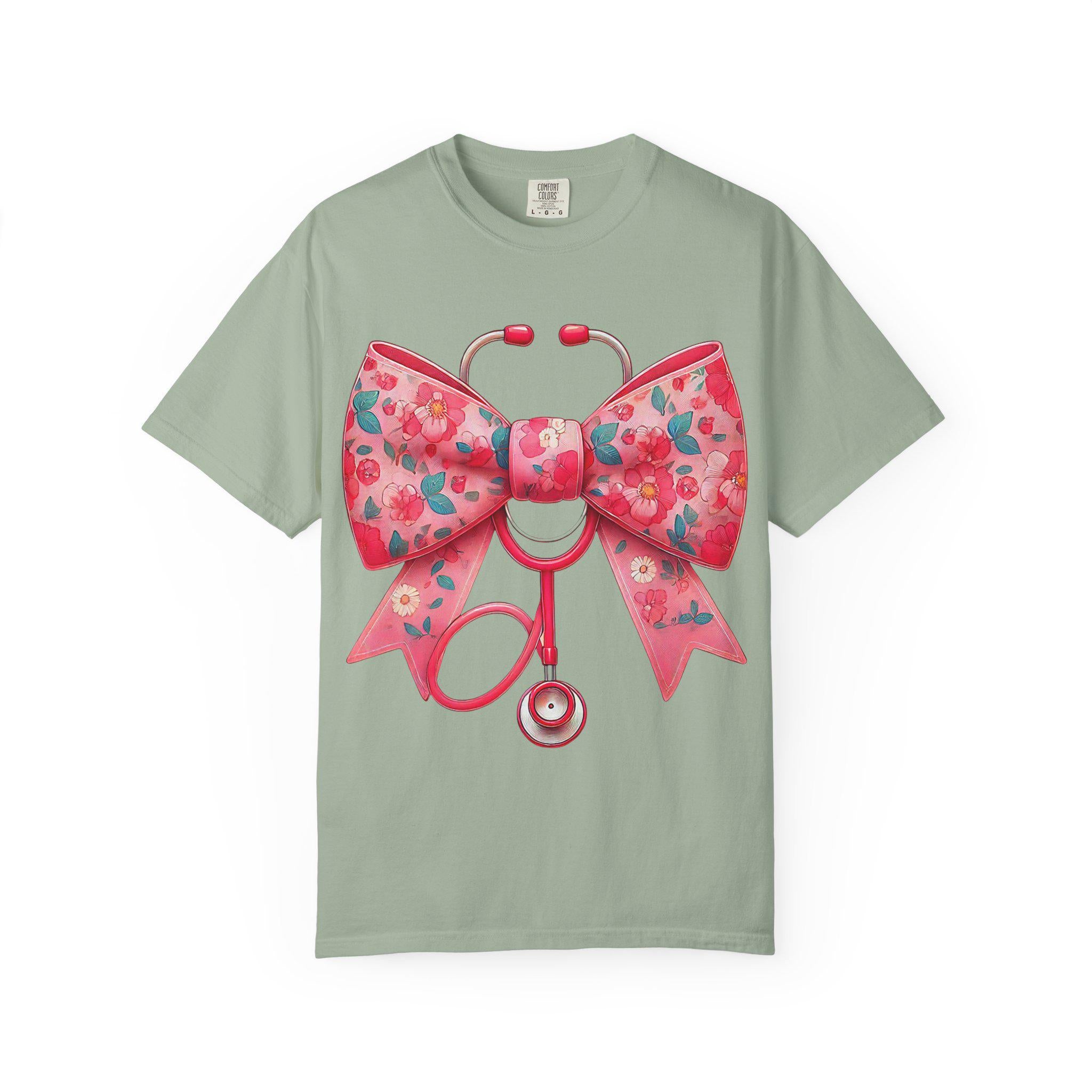 Floral Bow Stethoscope T-Shirt | Nurse Medical Scrub Style