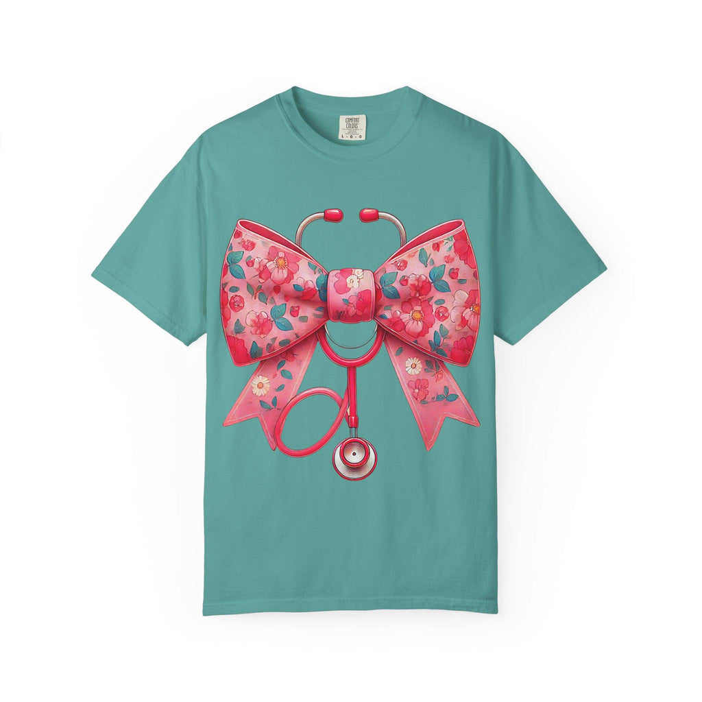 Floral Bow Stethoscope T-Shirt | Nurse Medical Scrub Style
