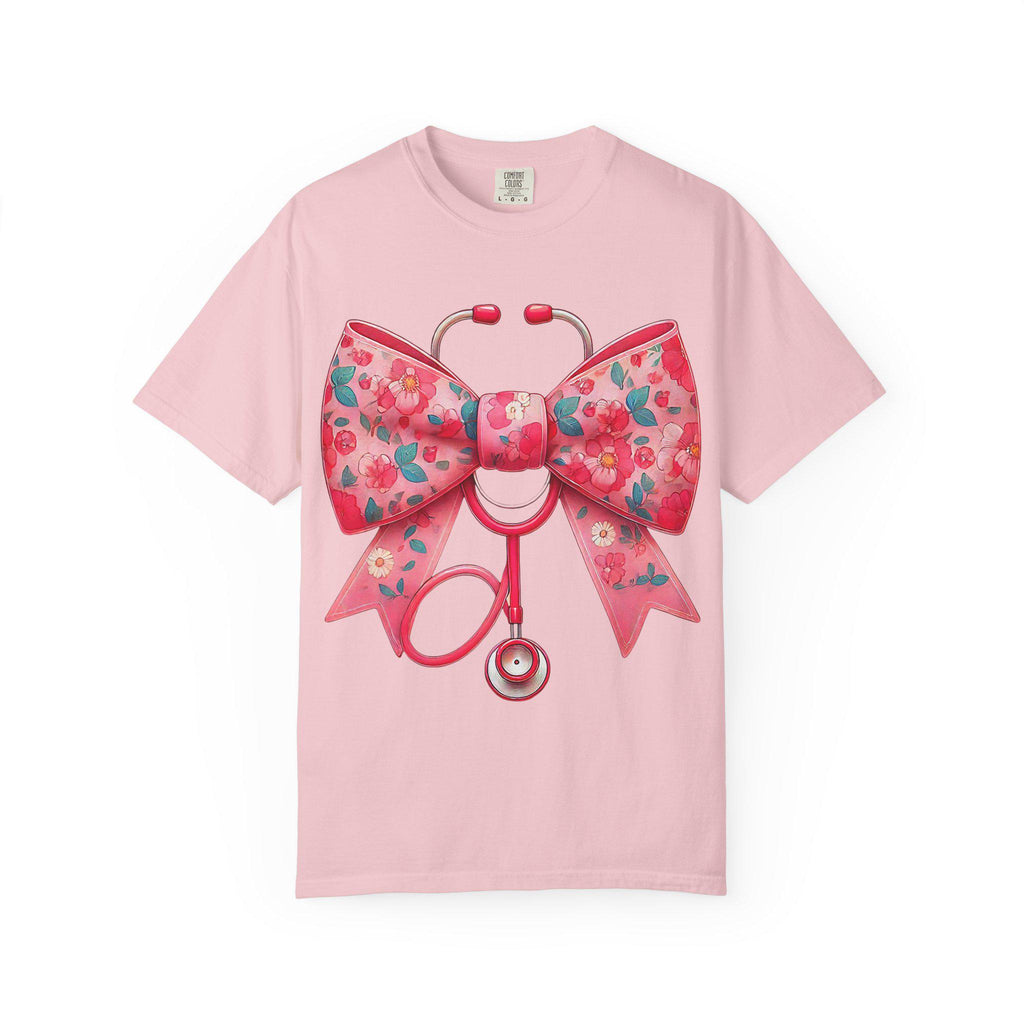 Floral Bow Stethoscope T-Shirt | Nurse Medical Scrub Style