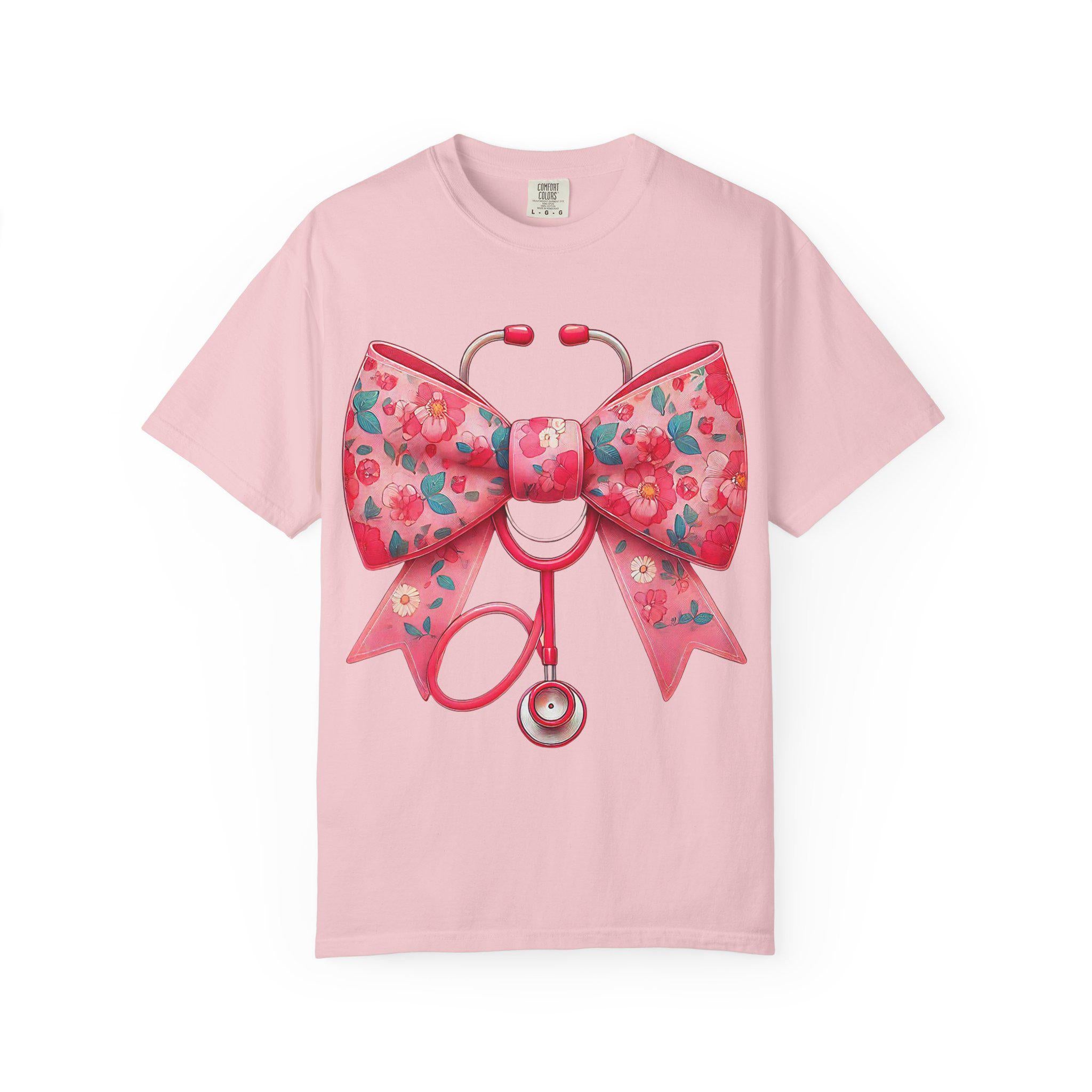 Floral Bow Stethoscope T-Shirt | Nurse Medical Scrub Style