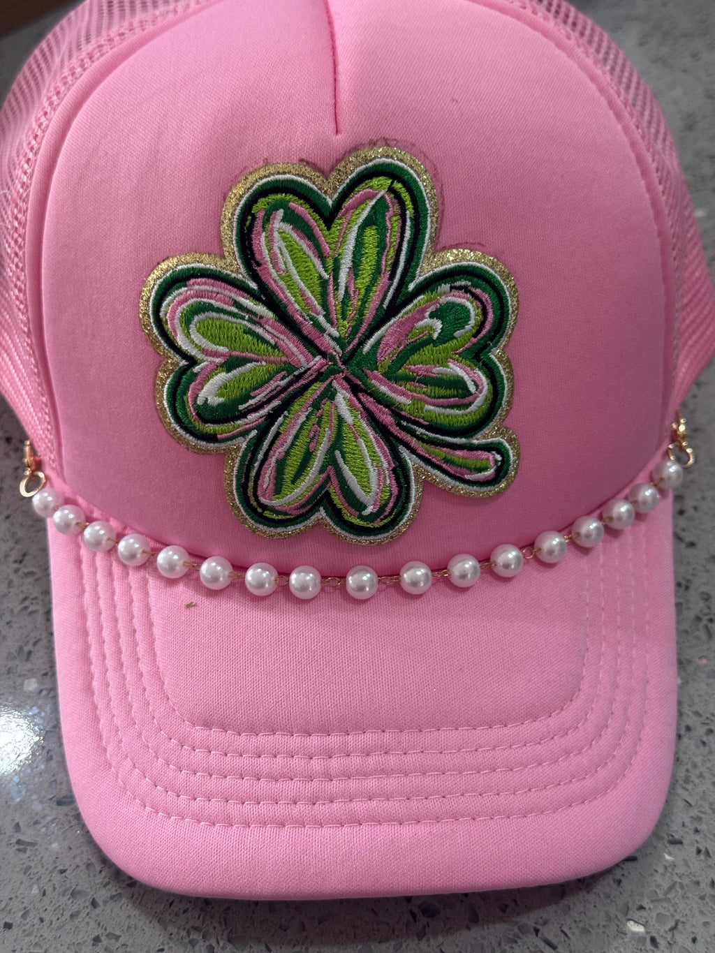 St Patrick’s Day hat with pearl chain