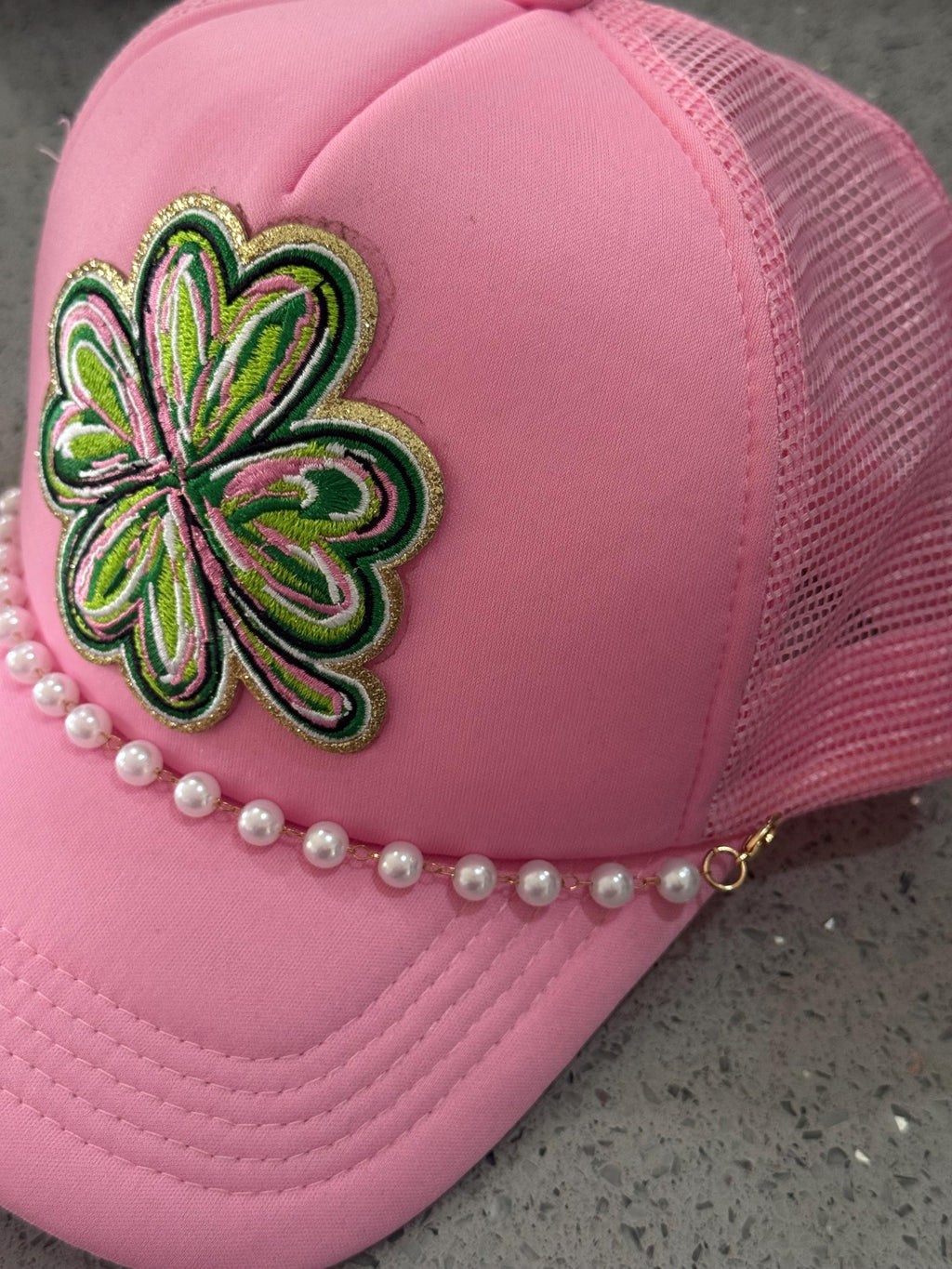 St Patrick’s Day hat with pearl chain