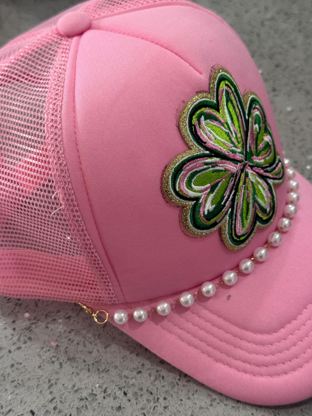 St Patrick’s Day hat with pearl chain