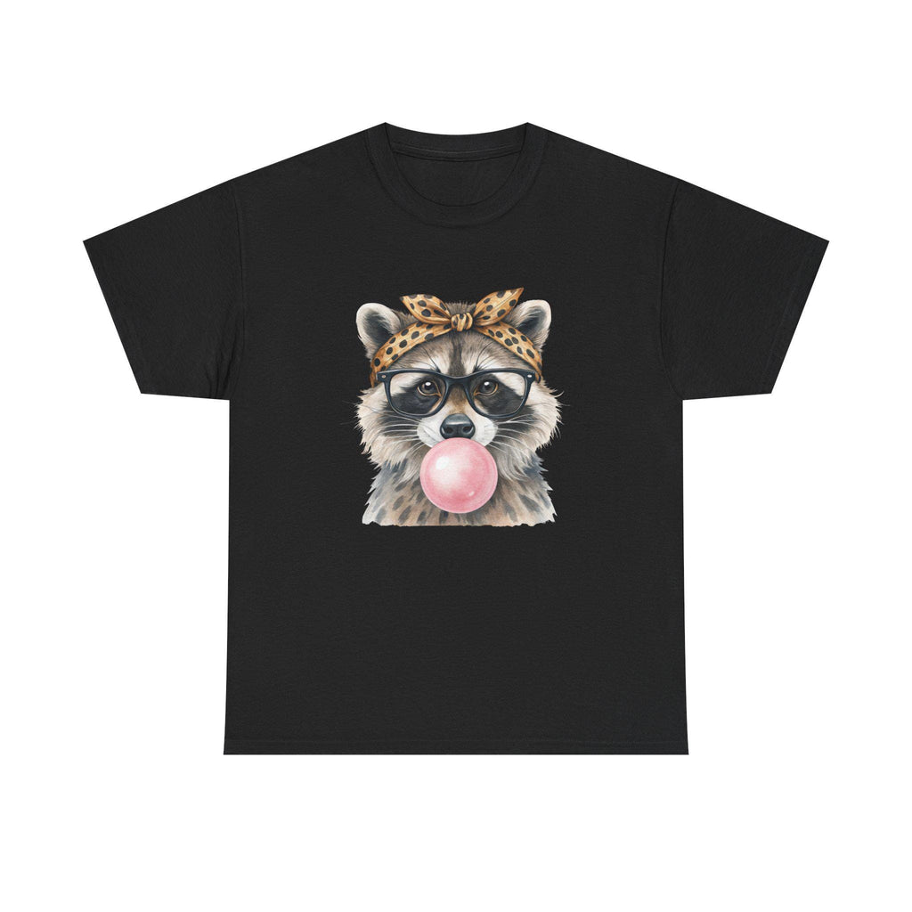 Raccoon Bubblegum Tee | Hand-Drawn Animal Illustration, Leopard Headband, Glasses