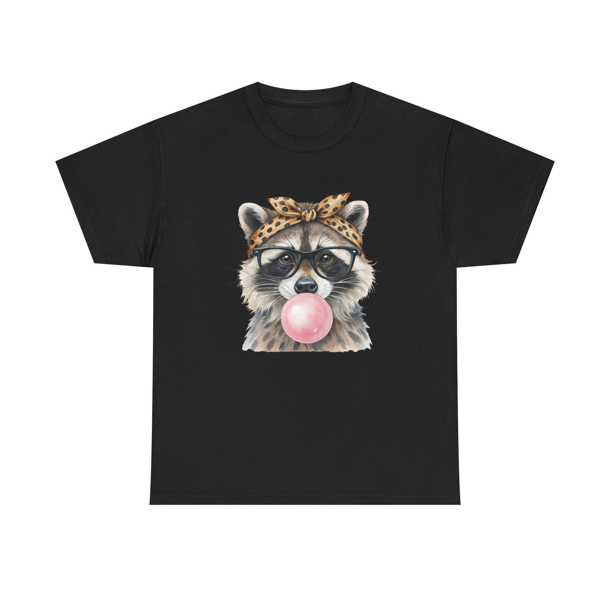 Raccoon Bubblegum Tee | Hand-Drawn Animal Illustration, Leopard Headband, Glasses