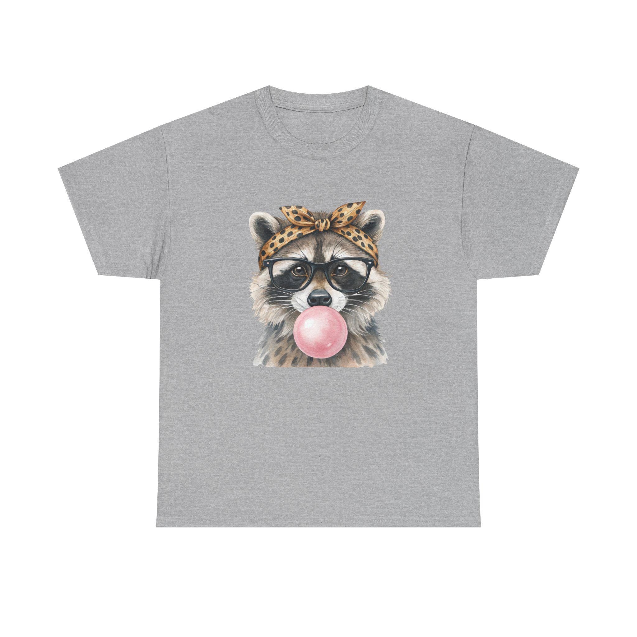 Raccoon Bubblegum Tee | Hand-Drawn Animal Illustration, Leopard Headband, Glasses