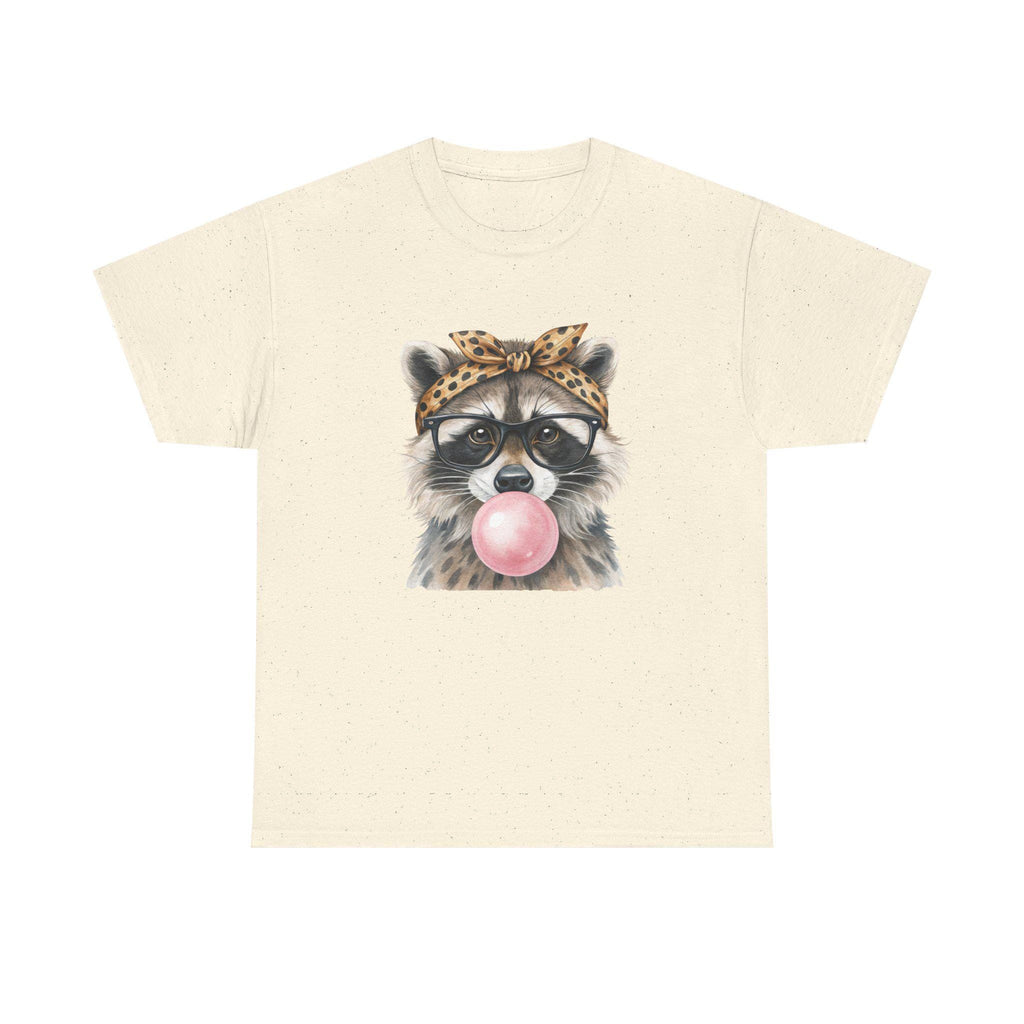 Raccoon Bubblegum Tee | Hand-Drawn Animal Illustration, Leopard Headband, Glasses