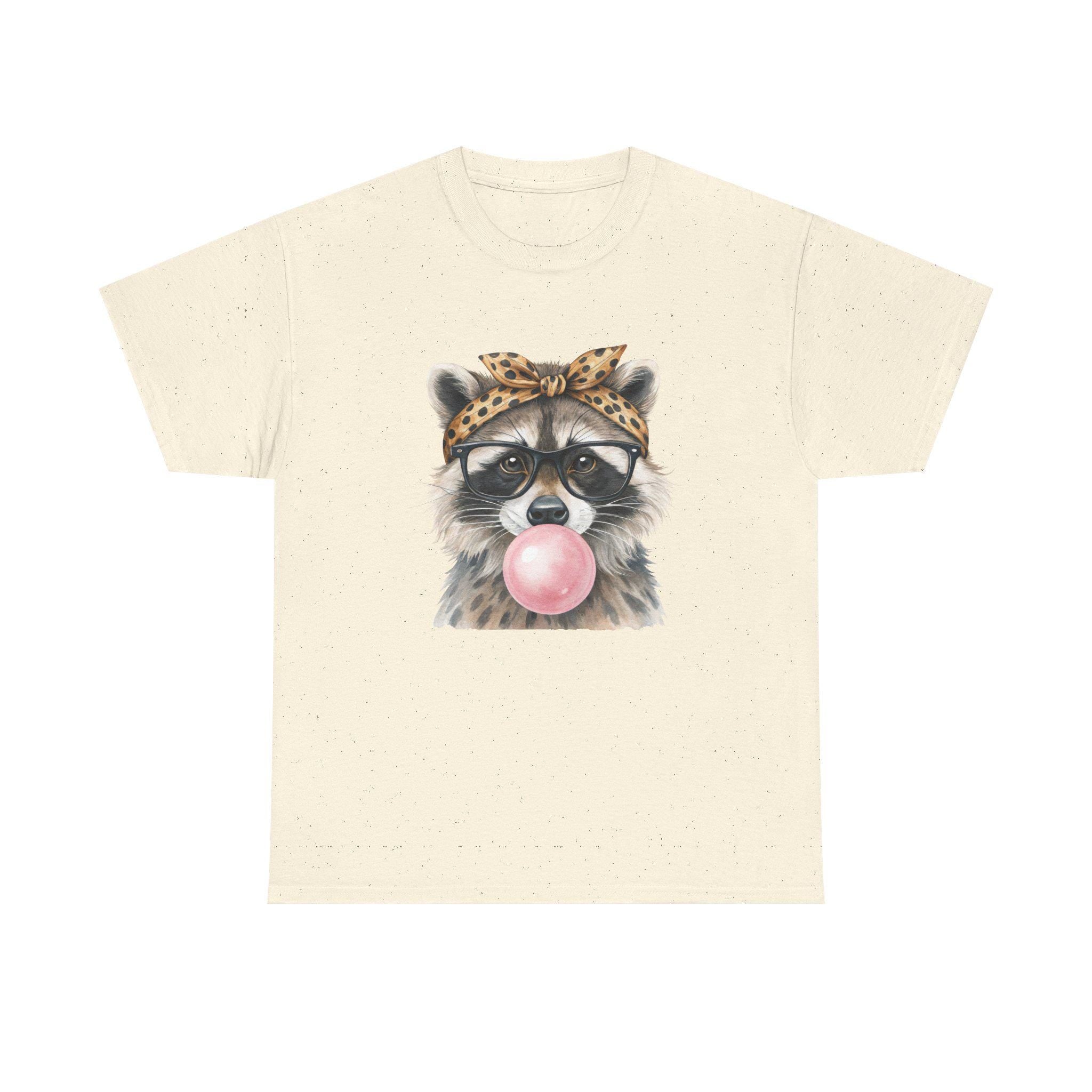 Raccoon Bubblegum Tee | Hand-Drawn Animal Illustration, Leopard Headband, Glasses