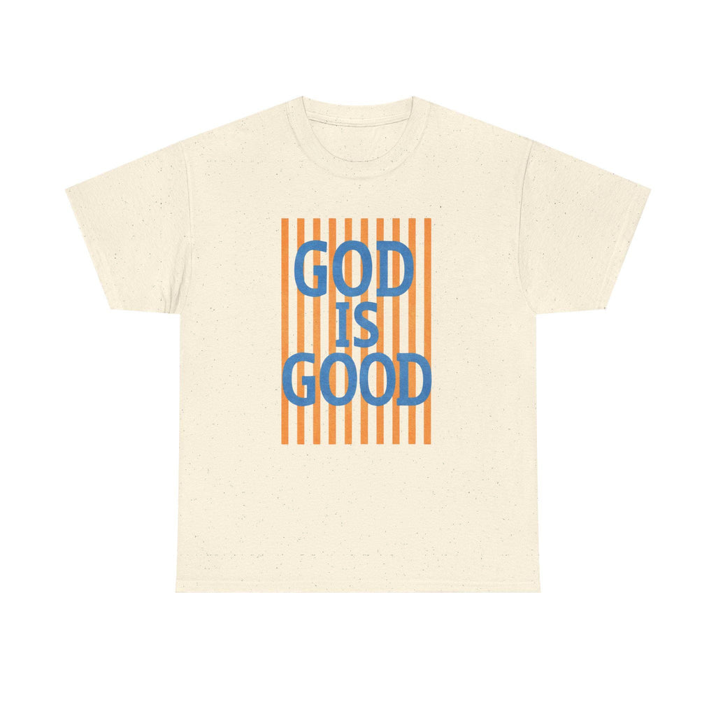 God Is Good T-Shirt | Retro Orange Stripes, Blue Lettering