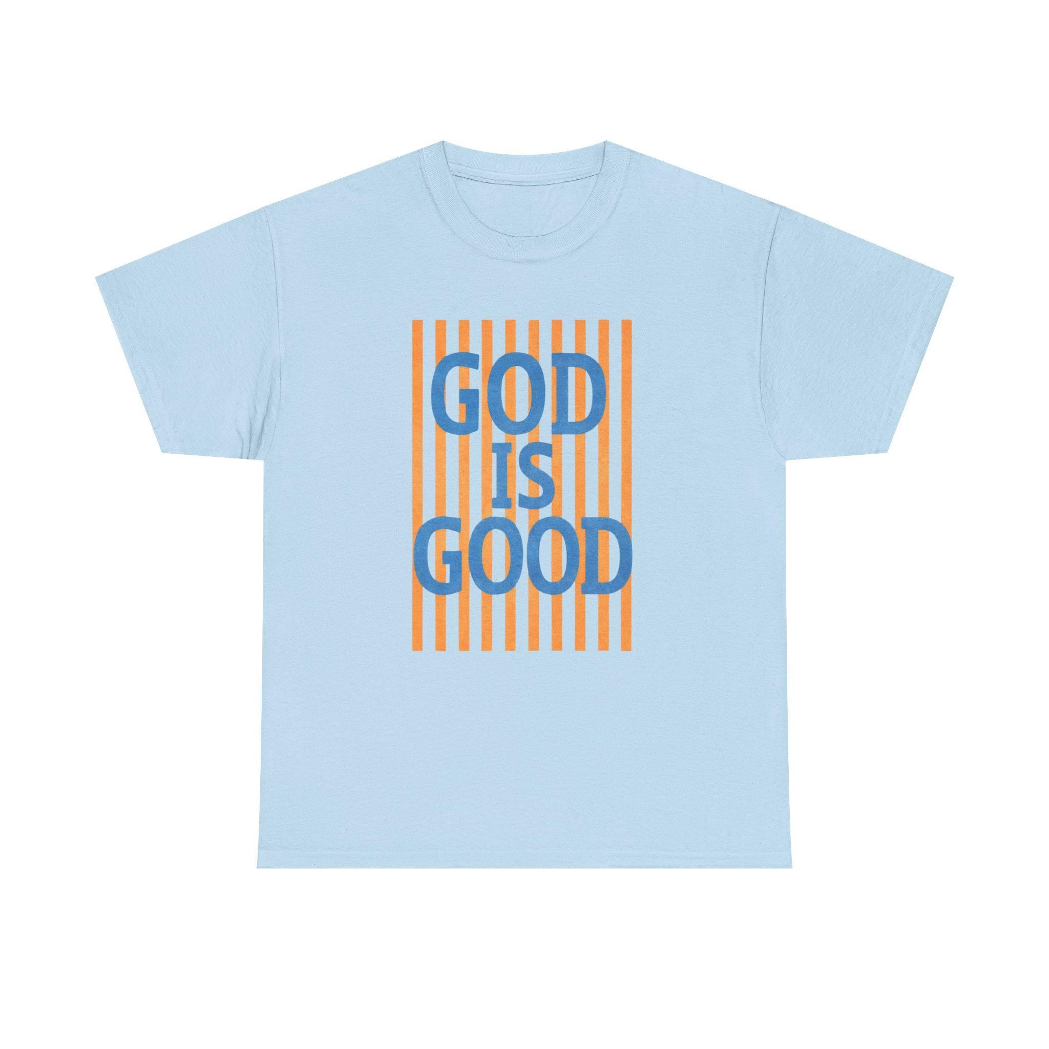 God Is Good T-Shirt | Retro Orange Stripes, Blue Lettering