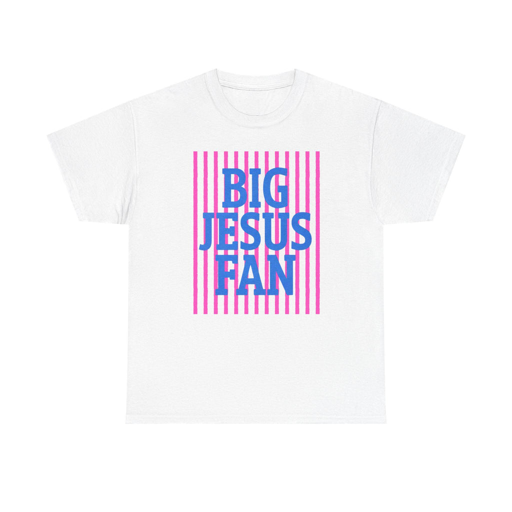 Big Jesus Fan Tee | Blue Text Pink Stripes Christian Faith Shirt