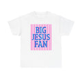 Big Jesus Fan Tee | Blue Text Pink Stripes Christian Faith Shirt