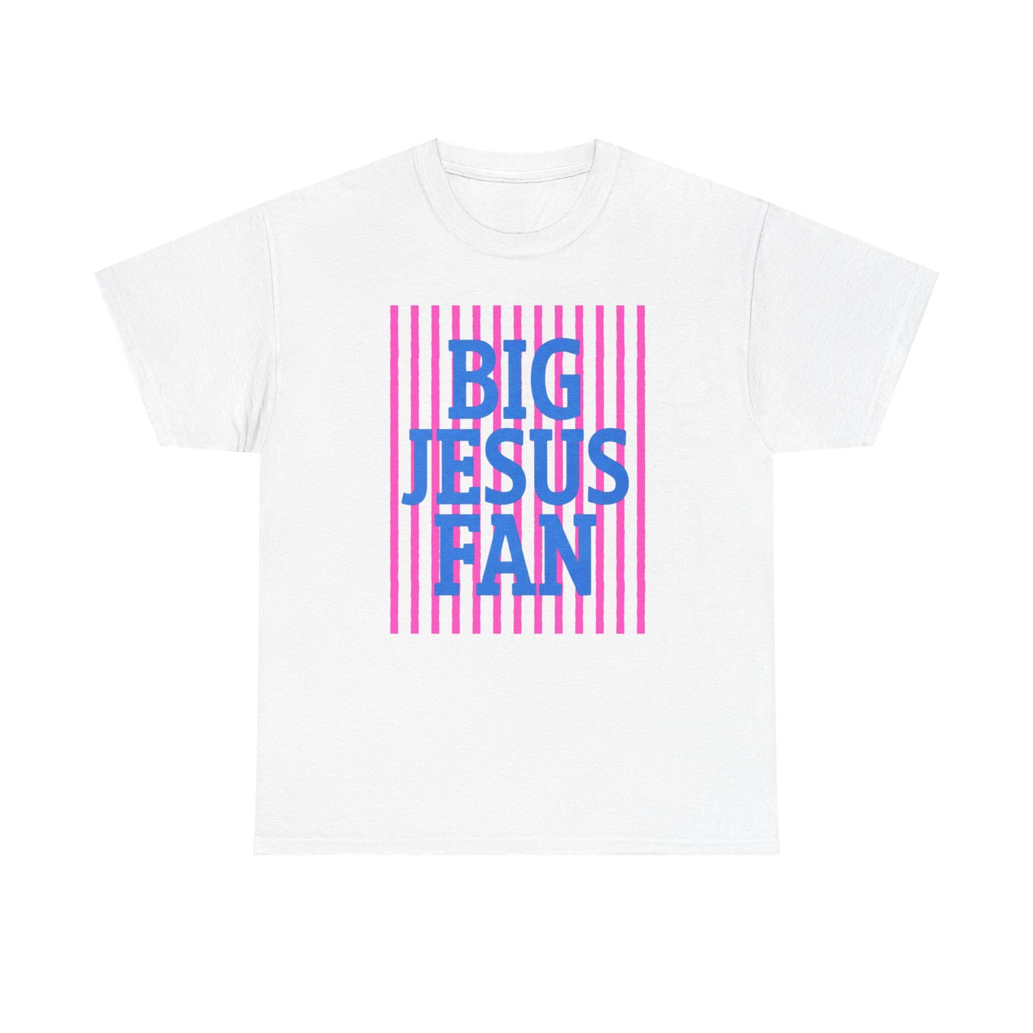 Big Jesus Fan Tee | Blue Text Pink Stripes Christian Faith Shirt
