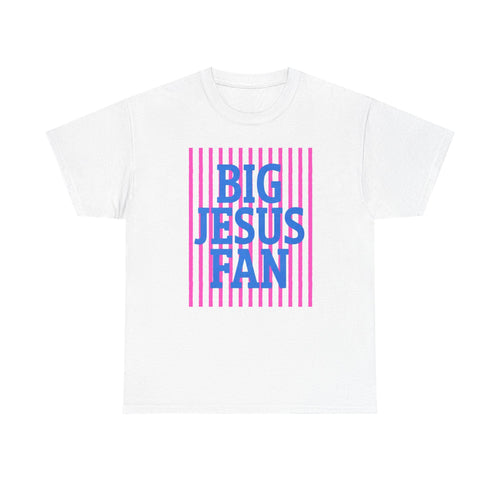 Big Jesus Fan Tee | Blue Text Pink Stripes Christian Faith Shirt