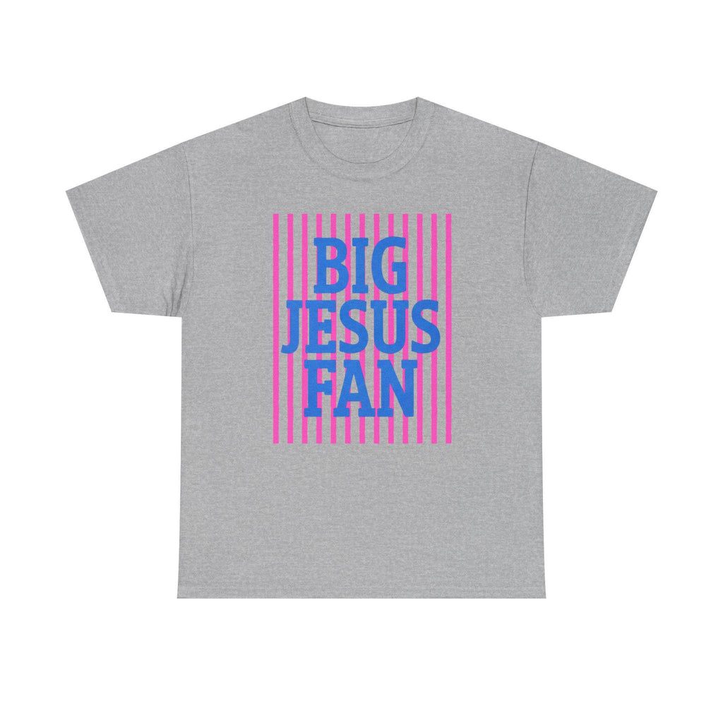 Big Jesus Fan Tee | Blue Text Pink Stripes Christian Faith Shirt