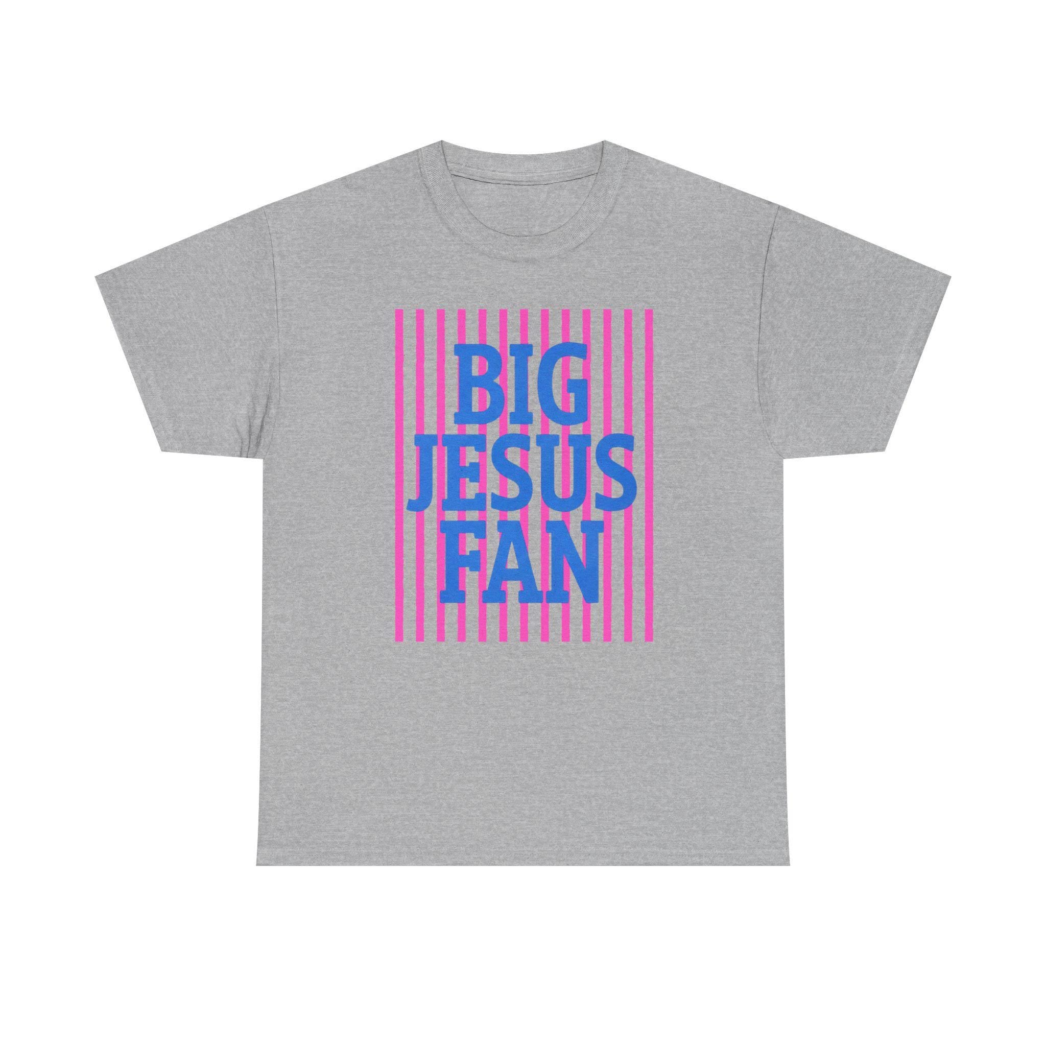 Big Jesus Fan Tee | Blue Text Pink Stripes Christian Faith Shirt