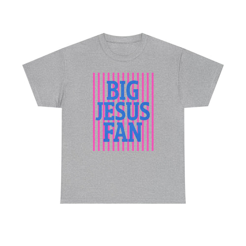 Big Jesus Fan Tee | Blue Text Pink Stripes Christian Faith Shirt