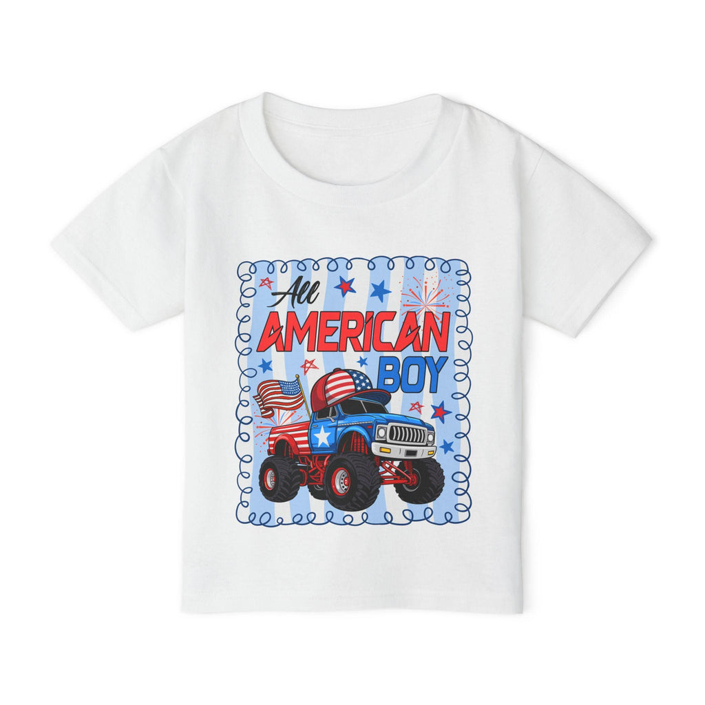 All American Boy monster truck toddler t-shirt | USA flag stars stripes