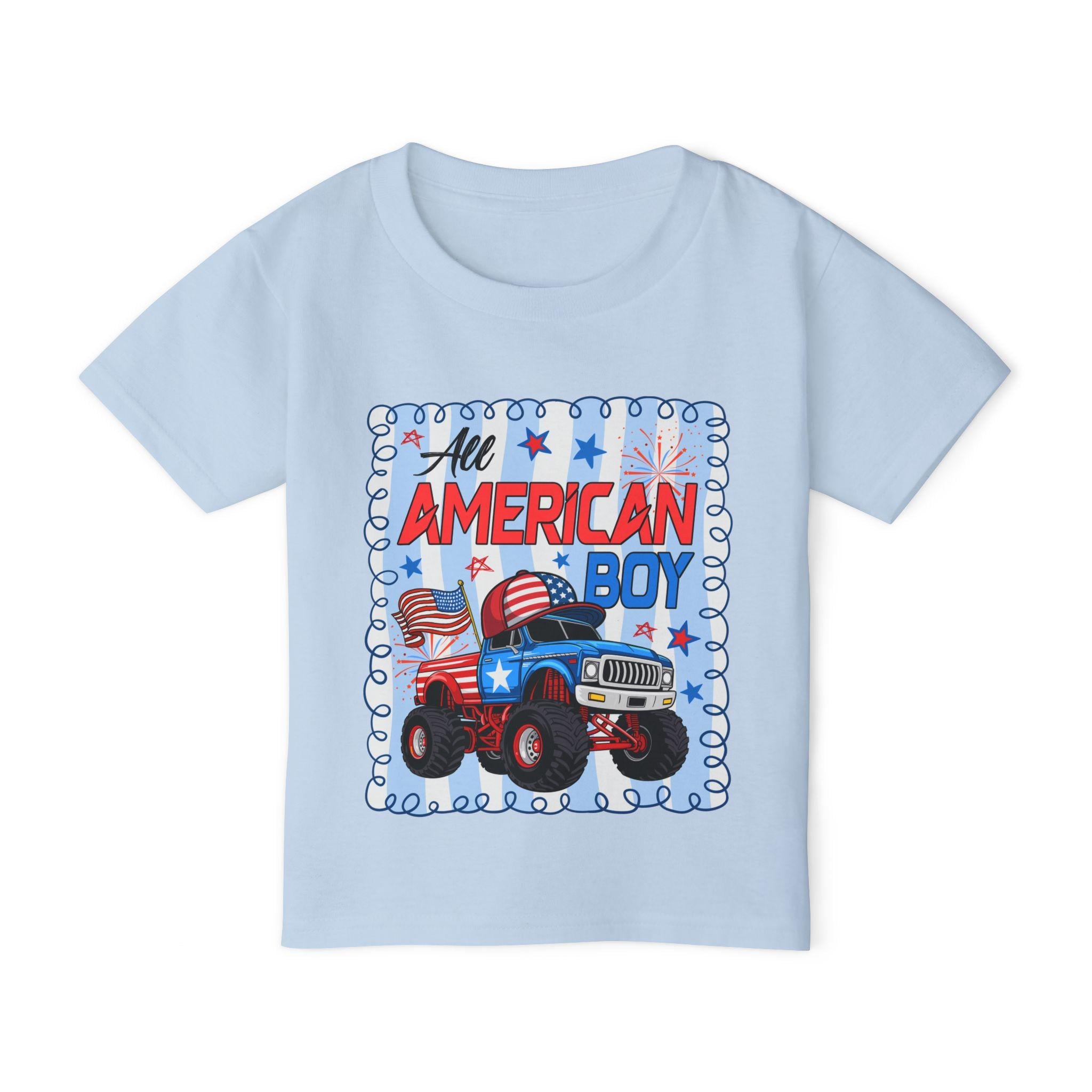 All American Boy monster truck toddler t-shirt | USA flag stars stripes
