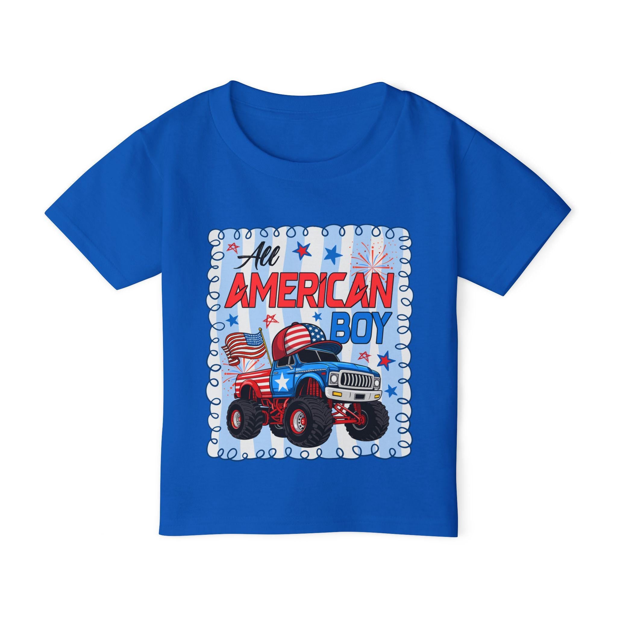 All American Boy monster truck toddler t-shirt | USA flag stars stripes