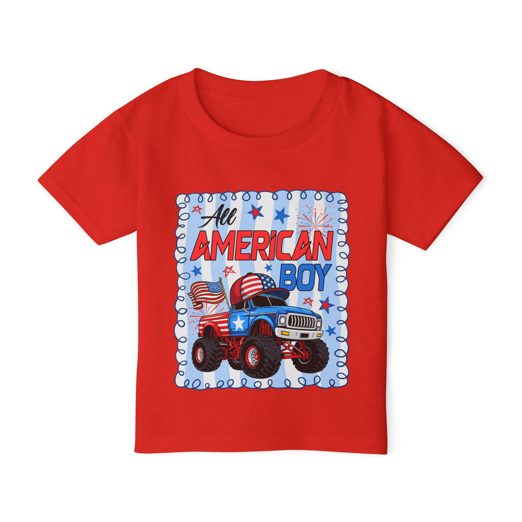 All American Boy monster truck toddler t-shirt | USA flag stars stripes