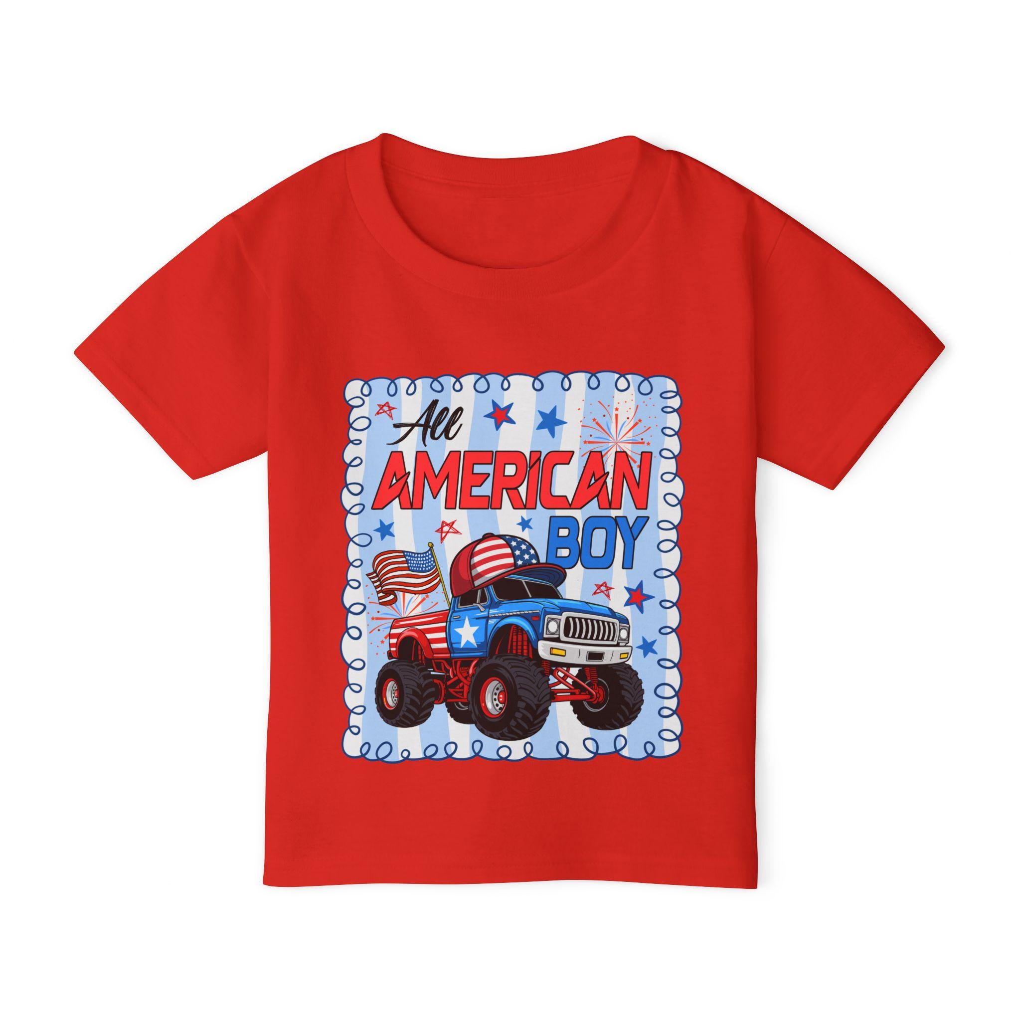 All American Boy monster truck toddler t-shirt | USA flag stars stripes