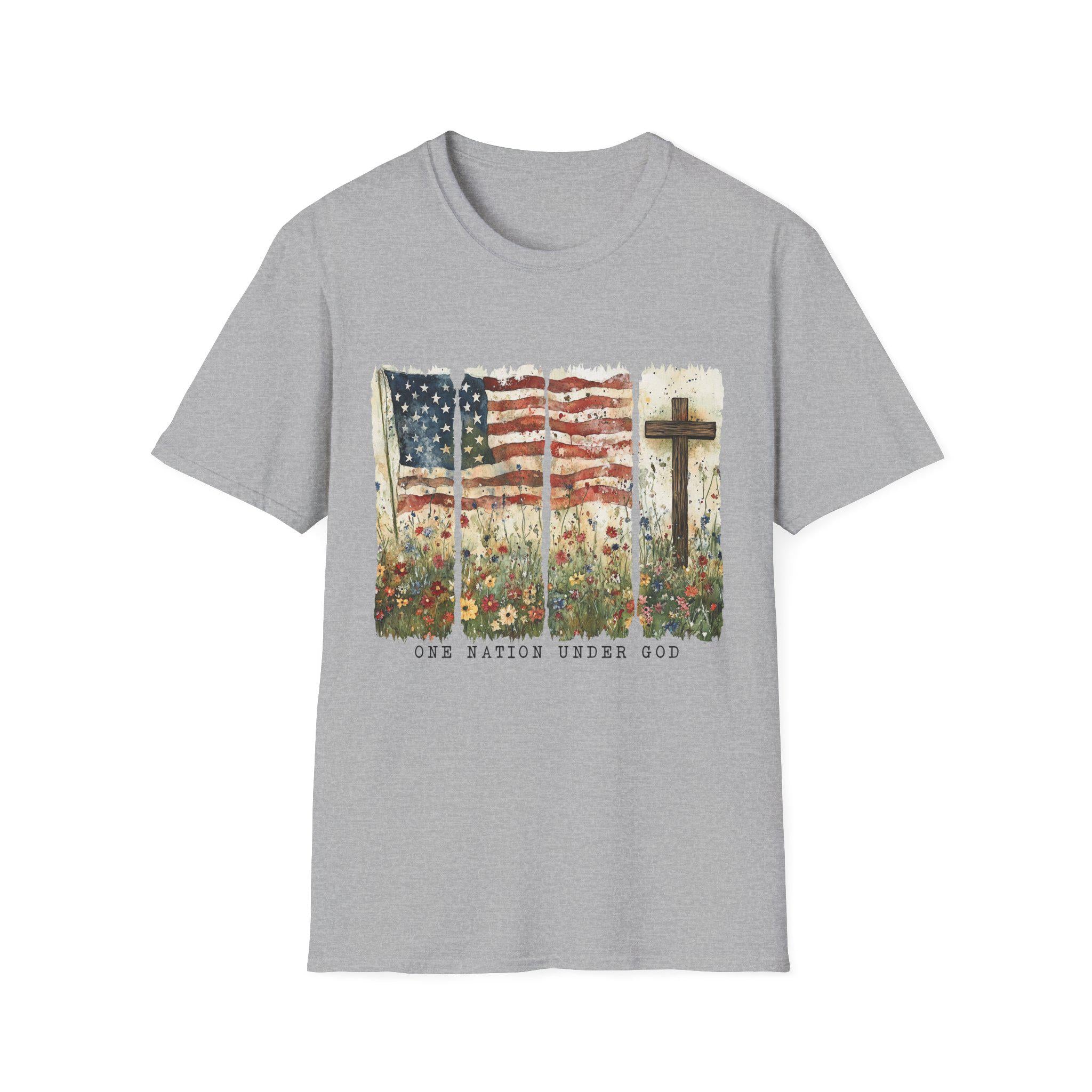 American flag and cross floral design T-Shirt | Use Nations Under God