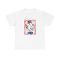 Patriotic Goose Holding Hotdog T-Shirt | American Flag Checkered Design
