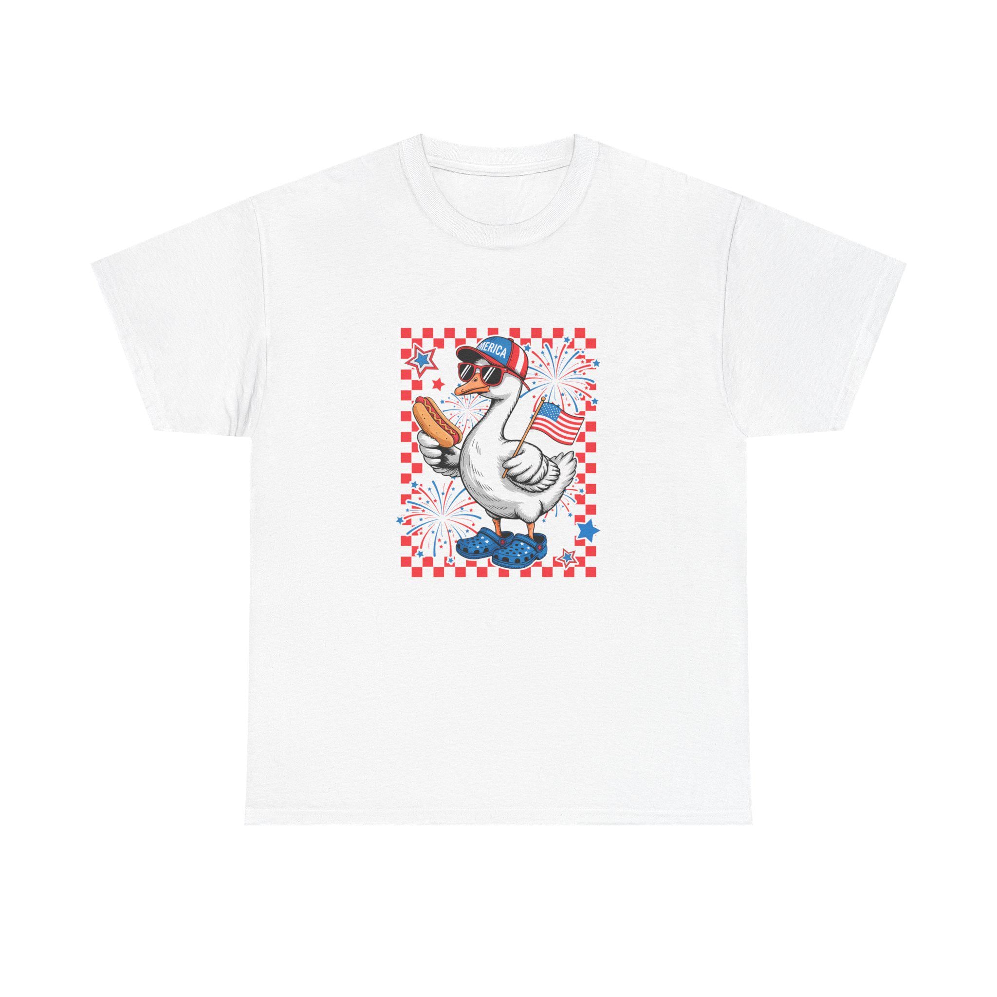 Patriotic Goose Holding Hotdog T-Shirt | American Flag Checkered Design