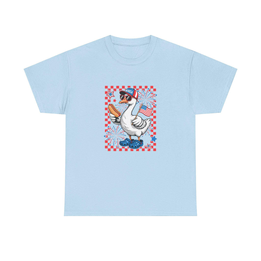 Patriotic Goose Holding Hotdog T-Shirt | American Flag Checkered Design